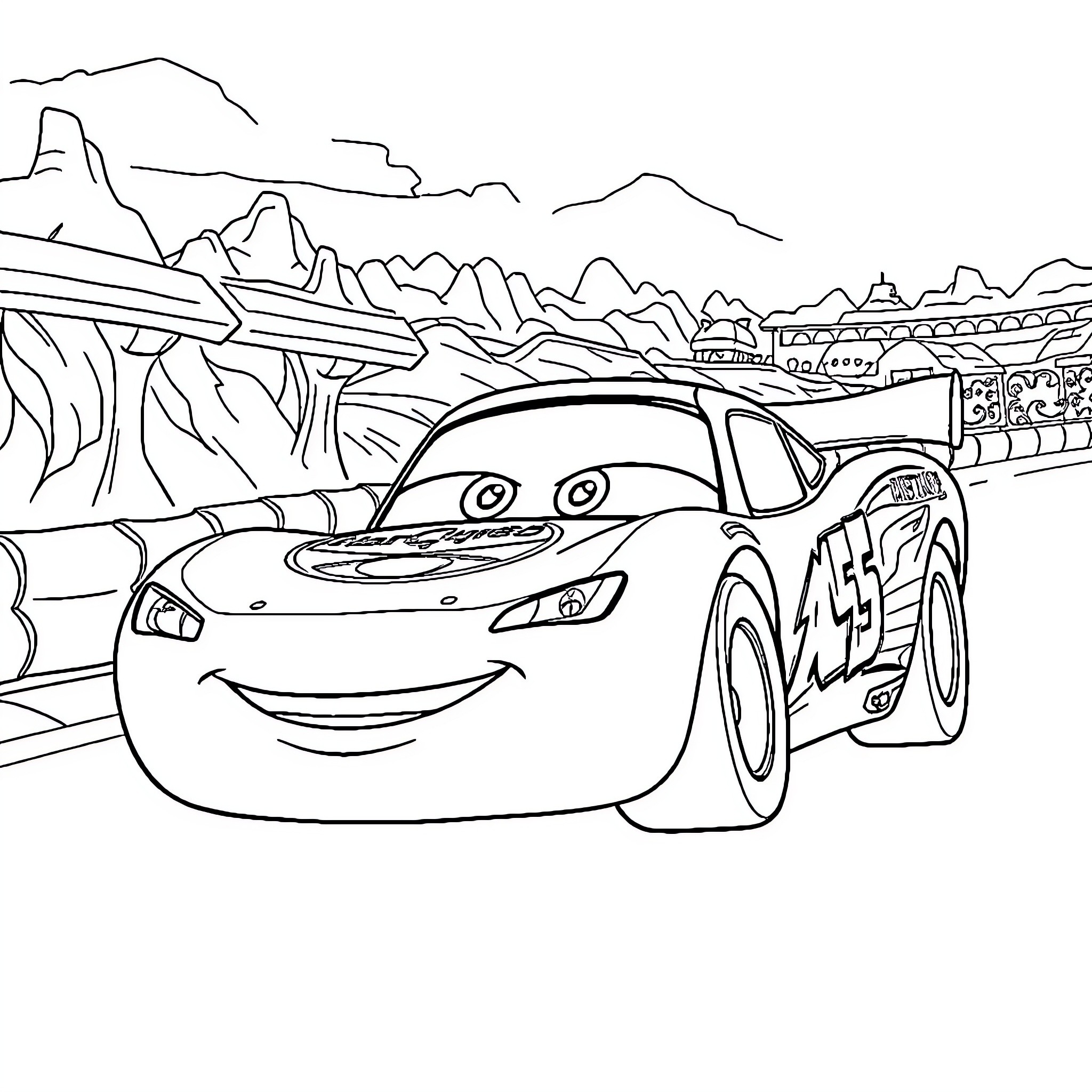 Cars racing through a scenic mountain landscape Coloring Page (free black-and-white line drawing printable PDF for all, from beginners to advanced learners, including children, teens, adults, and seniors)