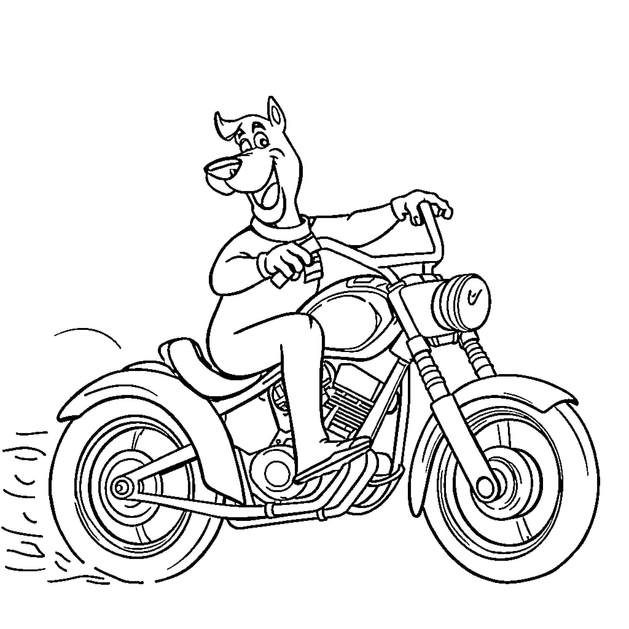 Scooby Doo riding a motorcycle with excitement Coloring Page (free black-and-white line drawing printable PDF for all, from beginners to advanced learners, including children, teens, adults, and seniors)