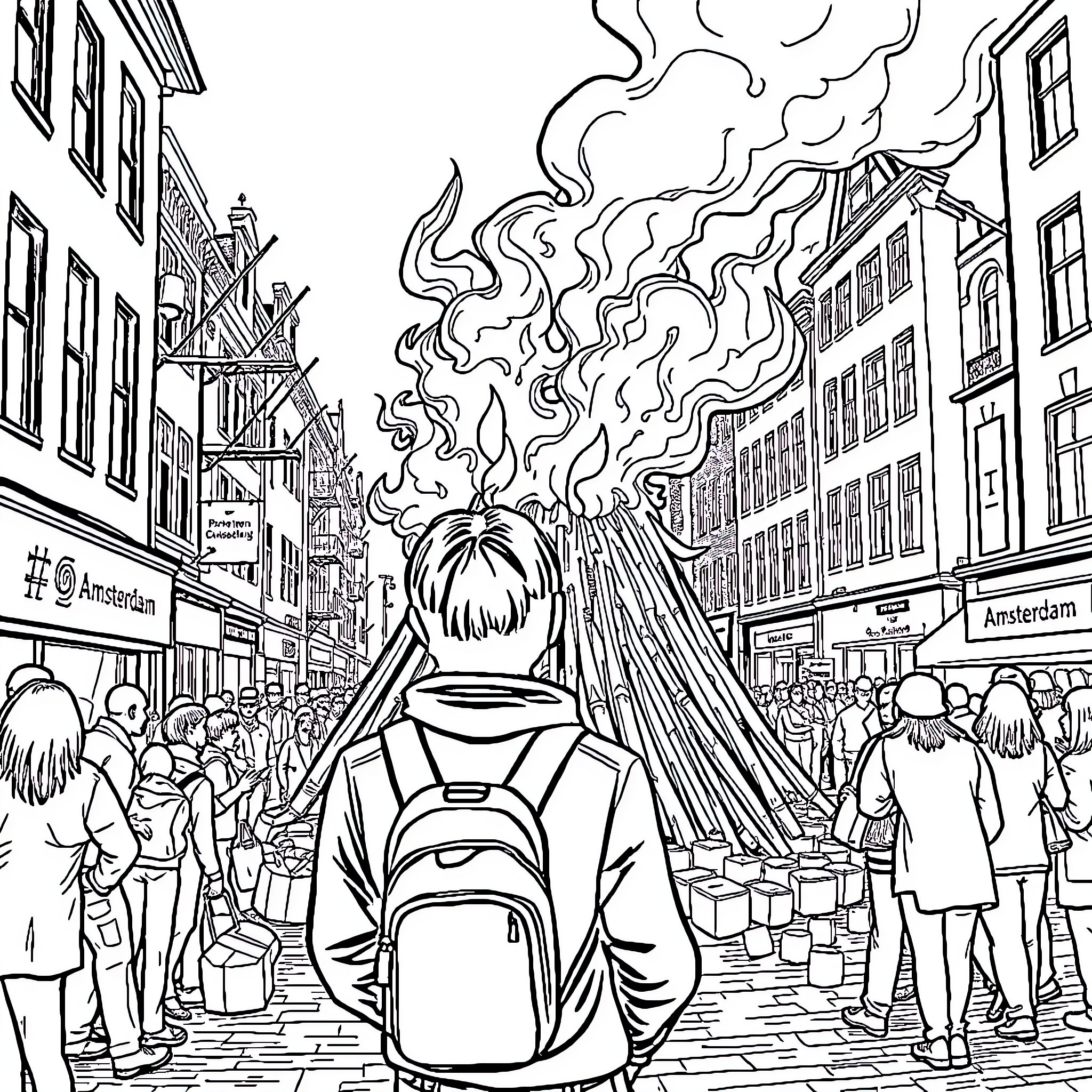 Witch casting a spell in a crowded city street Coloring Page (free black-and-white line drawing printable PDF for all, from beginners to advanced learners, including children, teens, adults, and seniors)