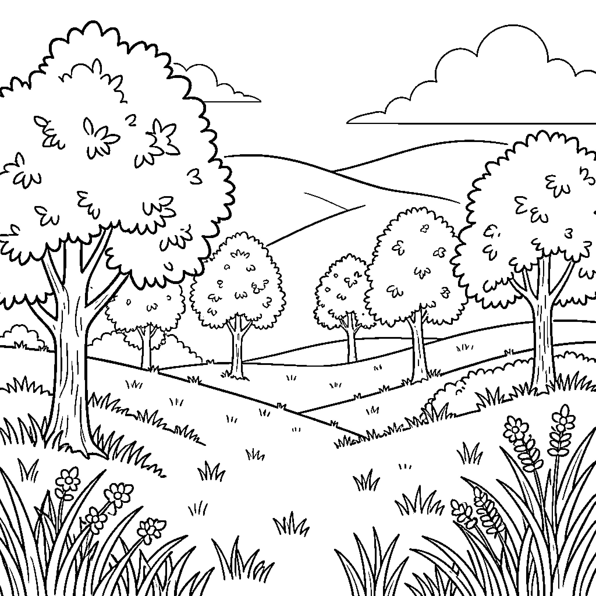 Nature landscape with rolling hills and leafy trees Coloring Page (free black-and-white line drawing printable PDF for all, from beginners to advanced learners, including children, teens, adults, and seniors)