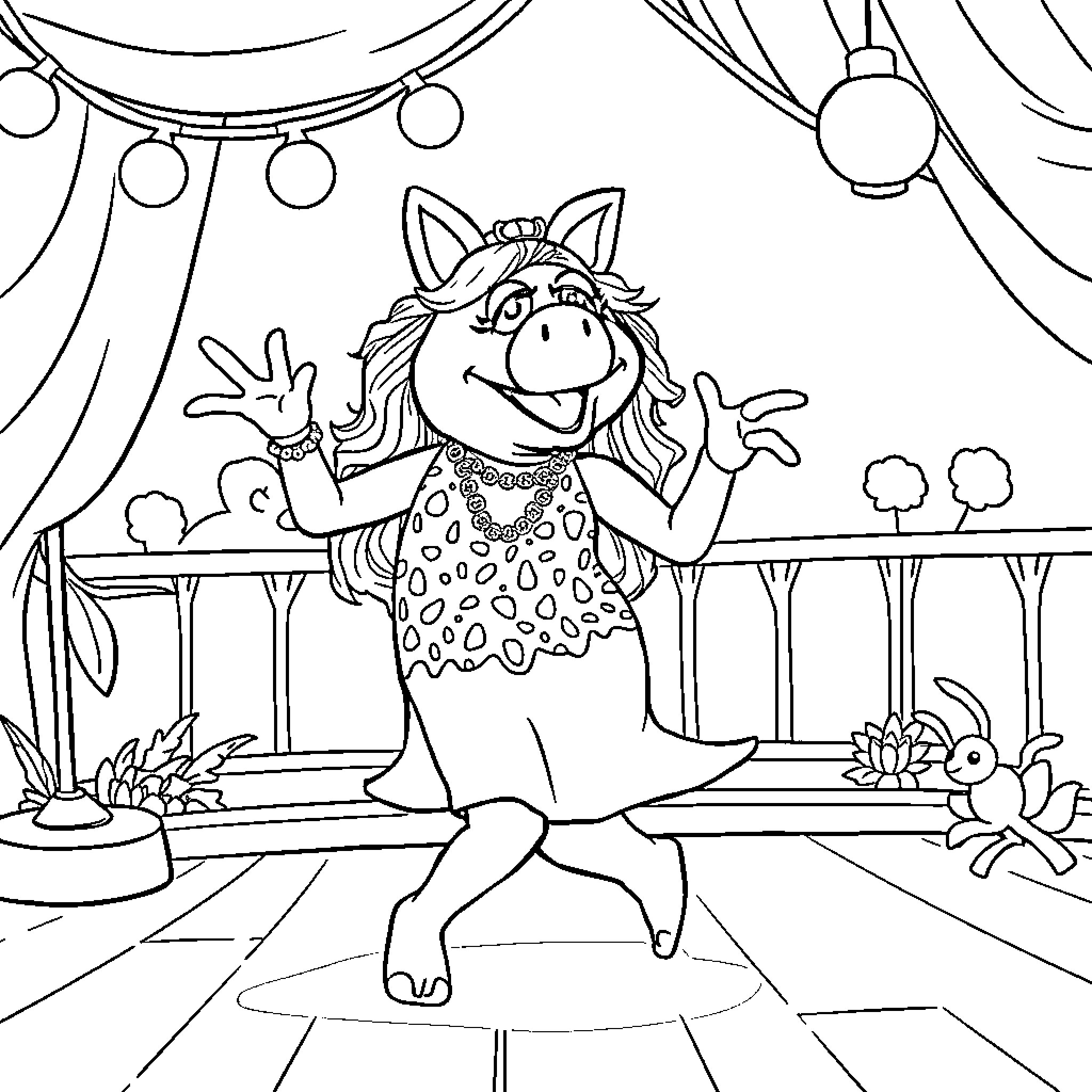 Pig performing cheerfully on stage Coloring Page (free black-and-white line drawing printable PDF for all, from beginners to advanced learners, including children, teens, adults, and seniors)