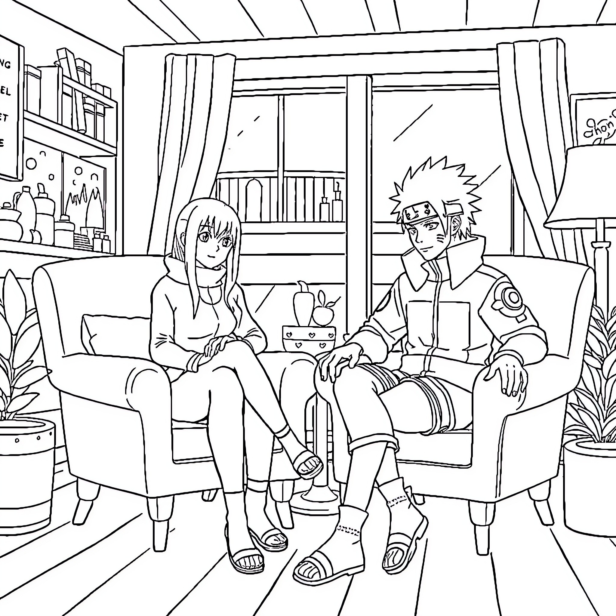 Hange Zoe and Naruto Enjoying a Casual Conversation Coloring Page (free black-and-white line drawing printable PDF for all, from beginners to advanced learners, including children, teens, adults, and seniors)