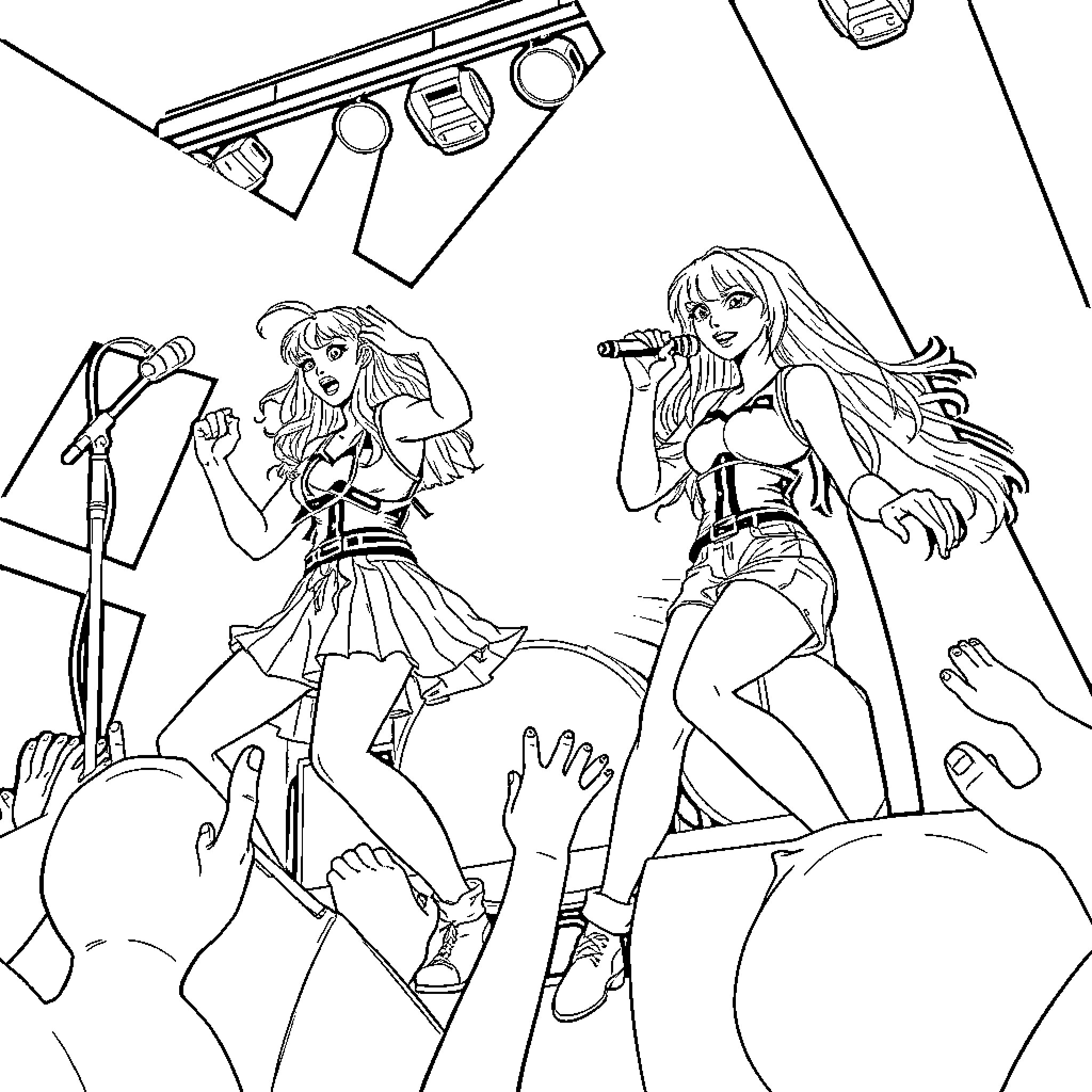 Huntrix Girl Performing on Stage with Microphone Coloring Page (free black-and-white line drawing printable PDF for all, from beginners to advanced learners, including children, teens, adults, and seniors)