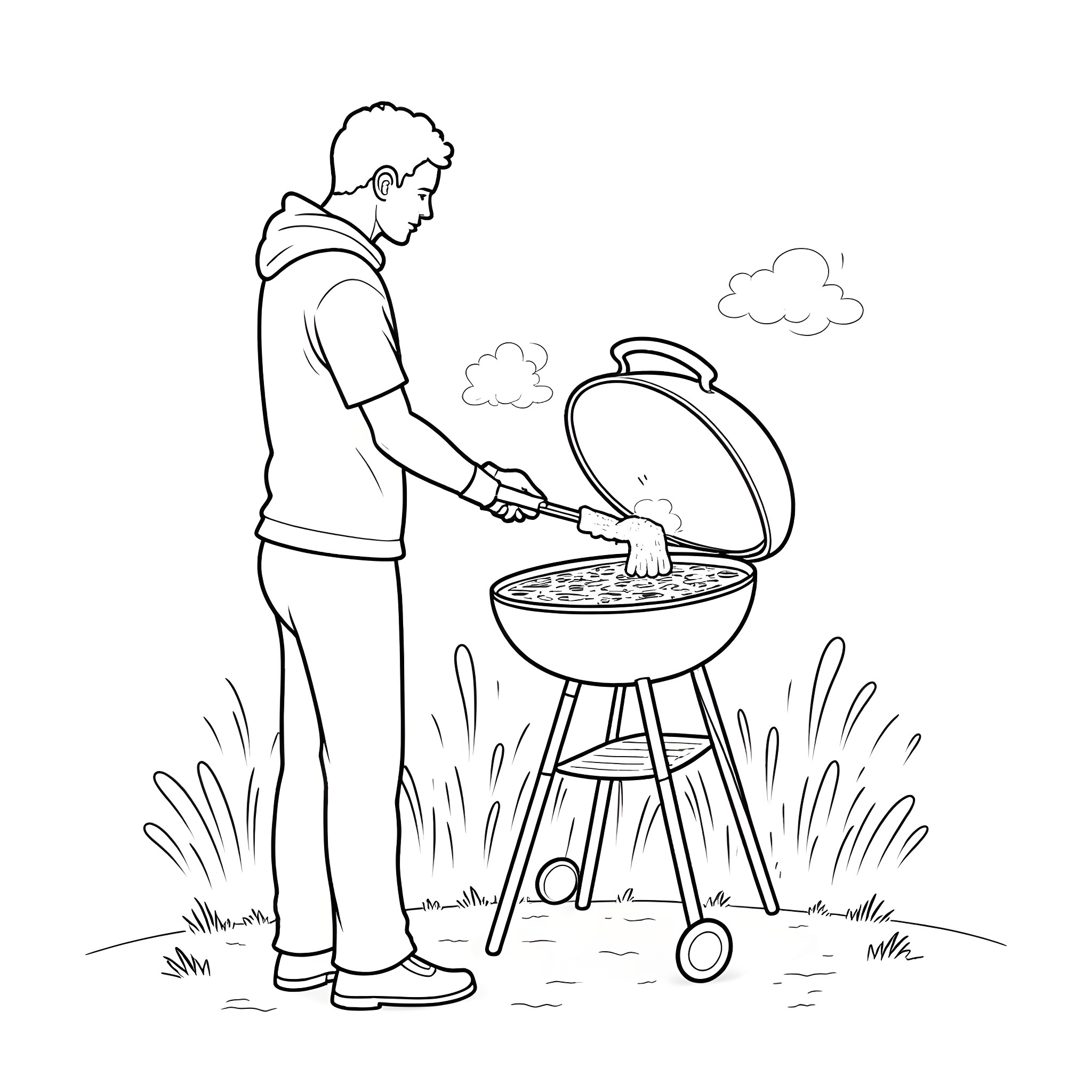 BBQ Grilling Fun in the Outdoors Coloring Page (free black-and-white line drawing printable PDF for all, from beginners to advanced learners, including children, teens, adults, and seniors)