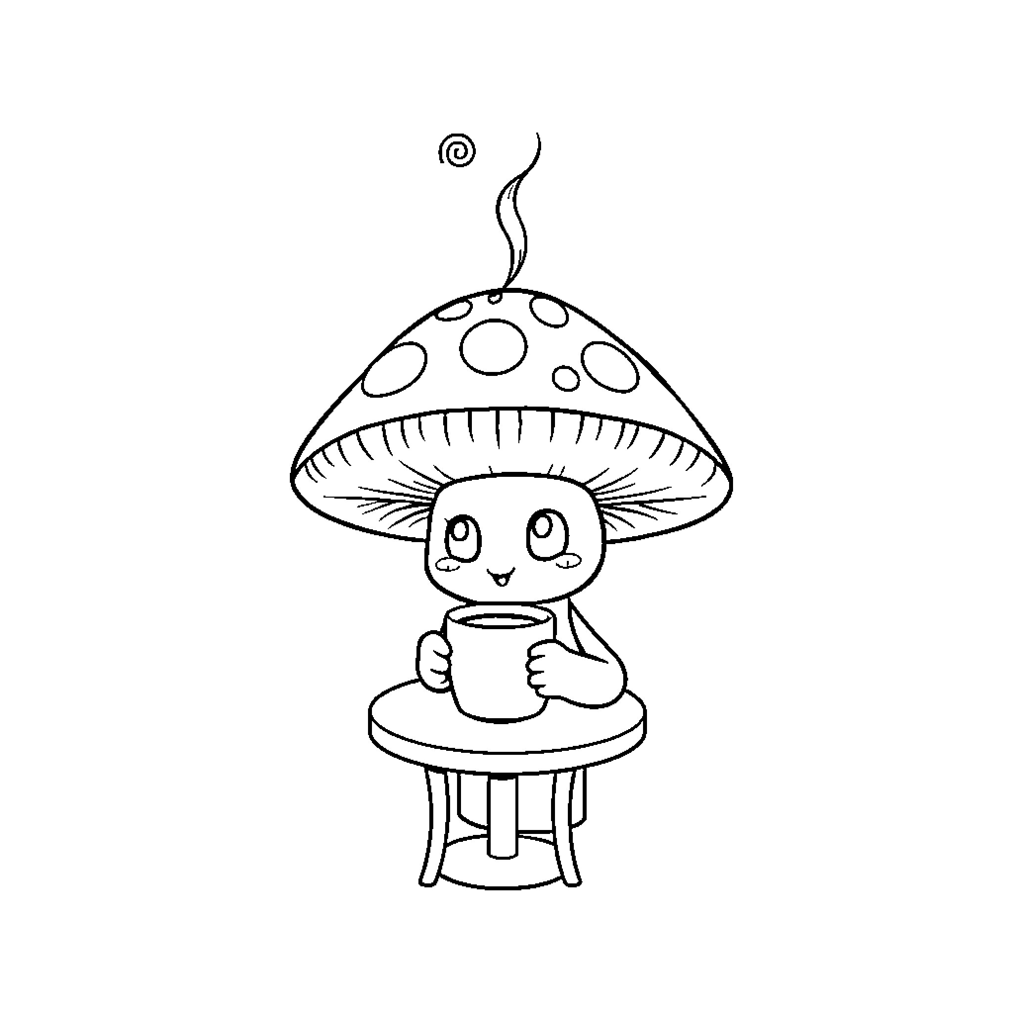 Mushroom character enjoying a hot beverage Coloring Page (free black-and-white line drawing printable PDF for all, from beginners to advanced learners, including children, teens, adults, and seniors)