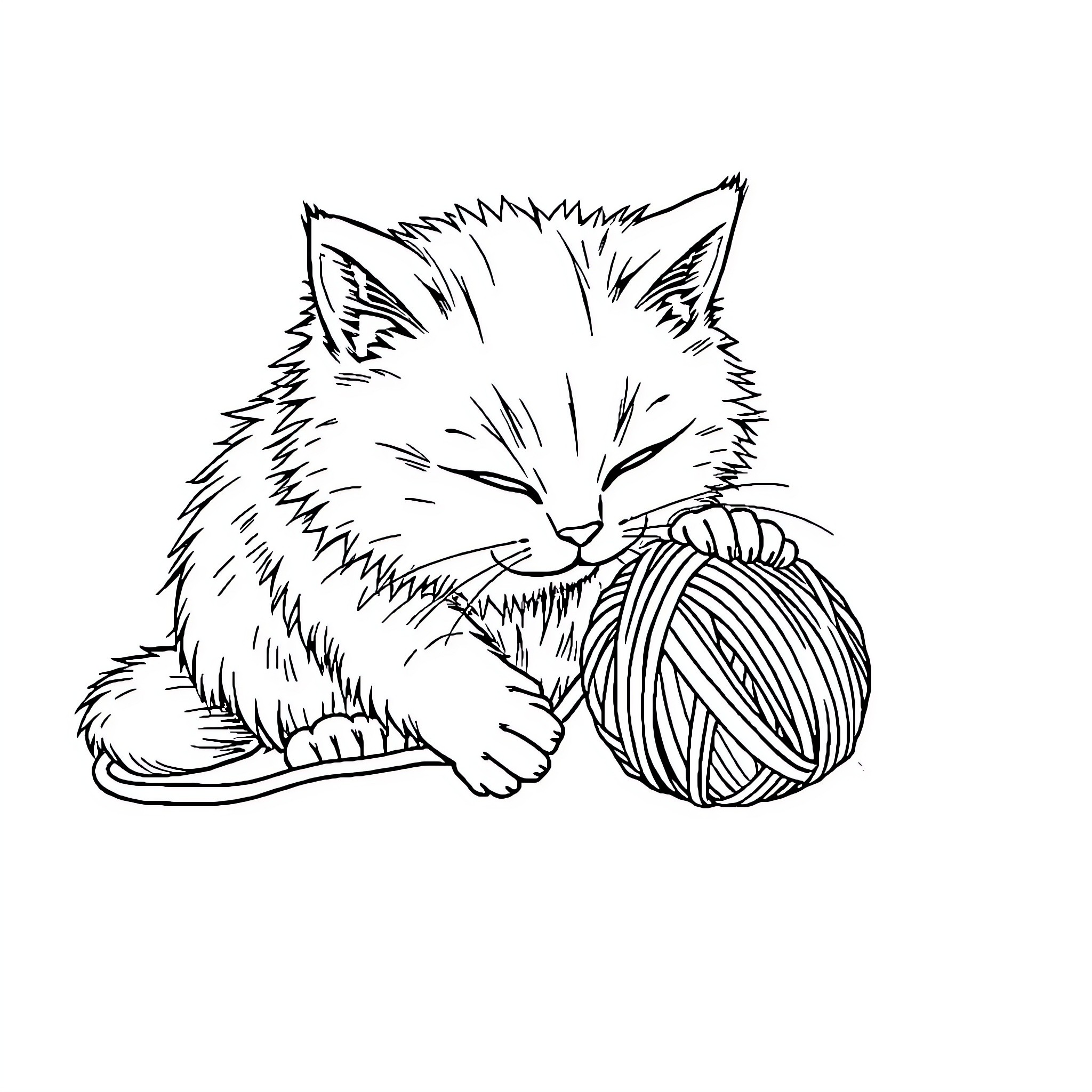 Cat playing with ball of yarn Coloring Page (free black-and-white line drawing printable PDF for all, from beginners to advanced learners, including children, teens, adults, and seniors)