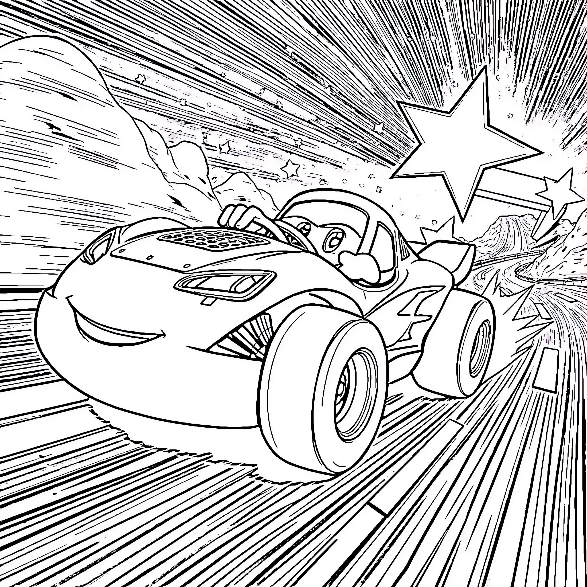 Flash McQueen's High-Speed Adventure Coloring Page (free black-and-white line drawing printable PDF for all, from beginners to advanced learners, including children, teens, adults, and seniors)
