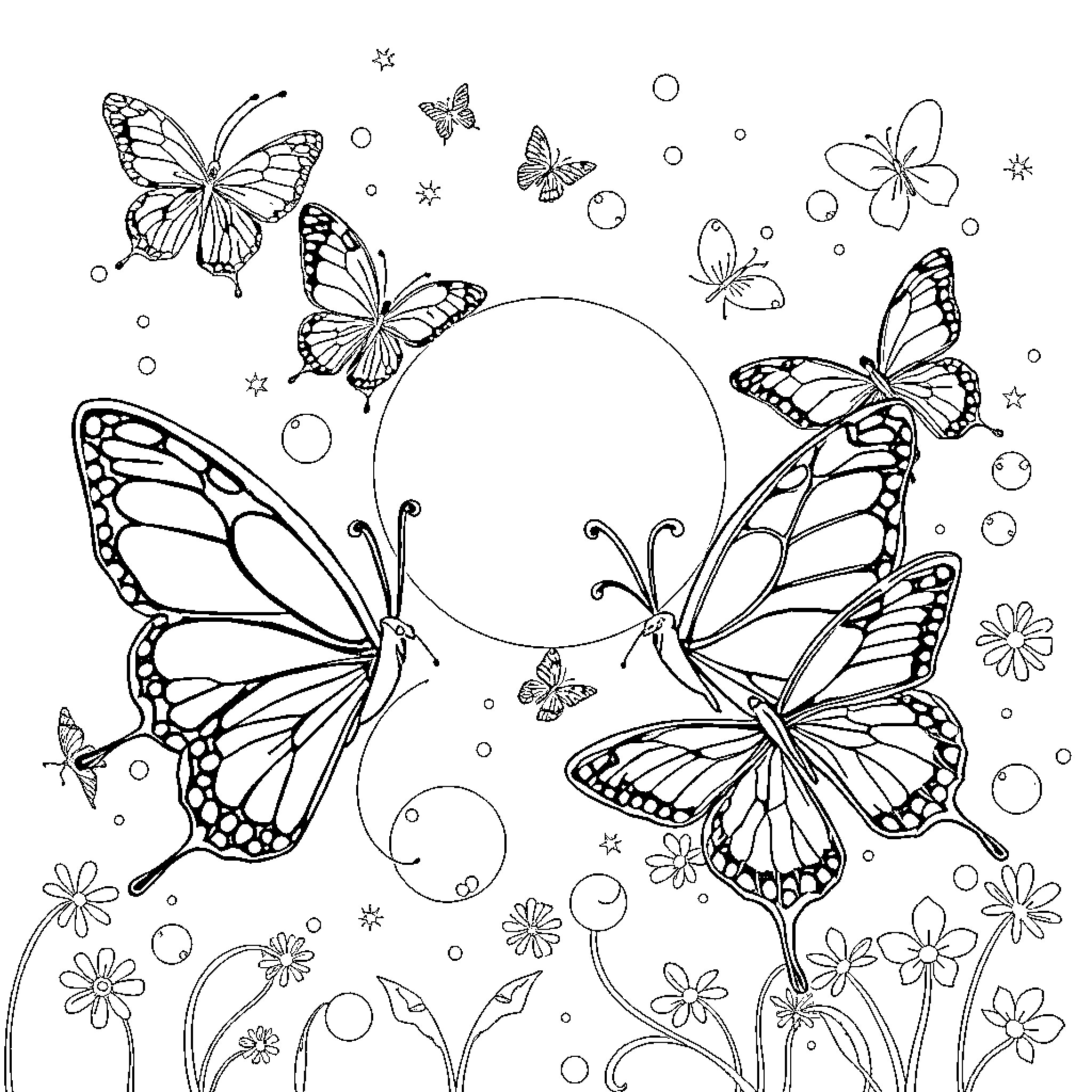 Butterfly Swarm in Floral Setting Coloring Page (free black-and-white line drawing printable PDF for all, from beginners to advanced learners, including children, teens, adults, and seniors)