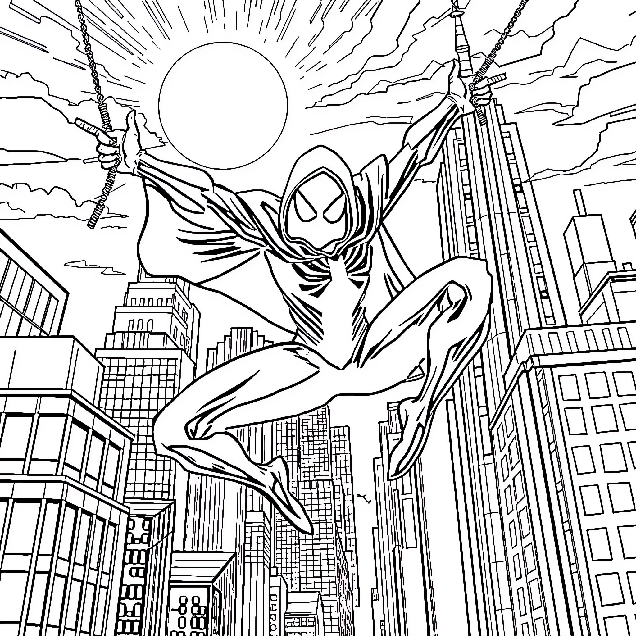 Ghostspider swinging through the city skyline Coloring Page (free black-and-white line drawing printable PDF for all, from beginners to advanced learners, including children, teens, adults, and seniors)