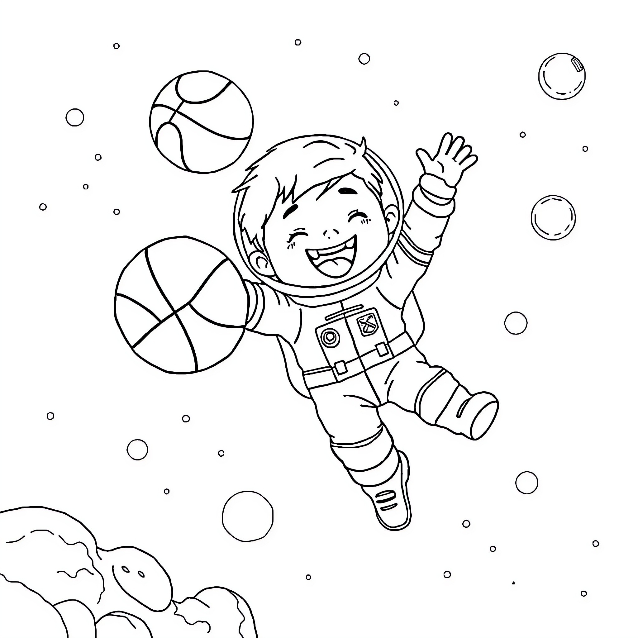 Kid astronaut floating happily in space Coloring Page (free black-and-white line drawing printable PDF for all, from beginners to advanced learners, including children, teens, adults, and seniors)