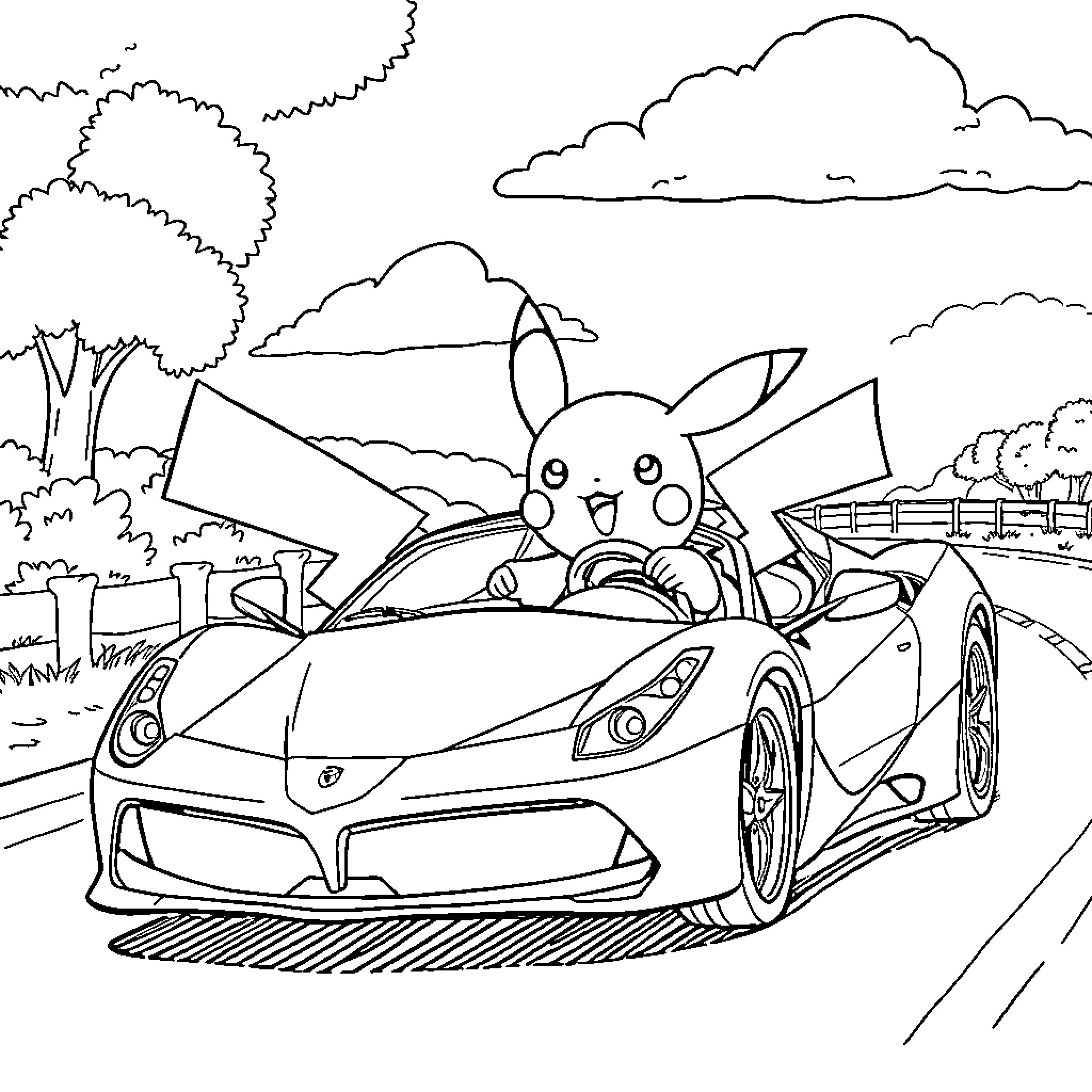 Pikachu driving a sports car on the road Coloring Page (free black-and-white line drawing printable PDF for all, from beginners to advanced learners, including children, teens, adults, and seniors)