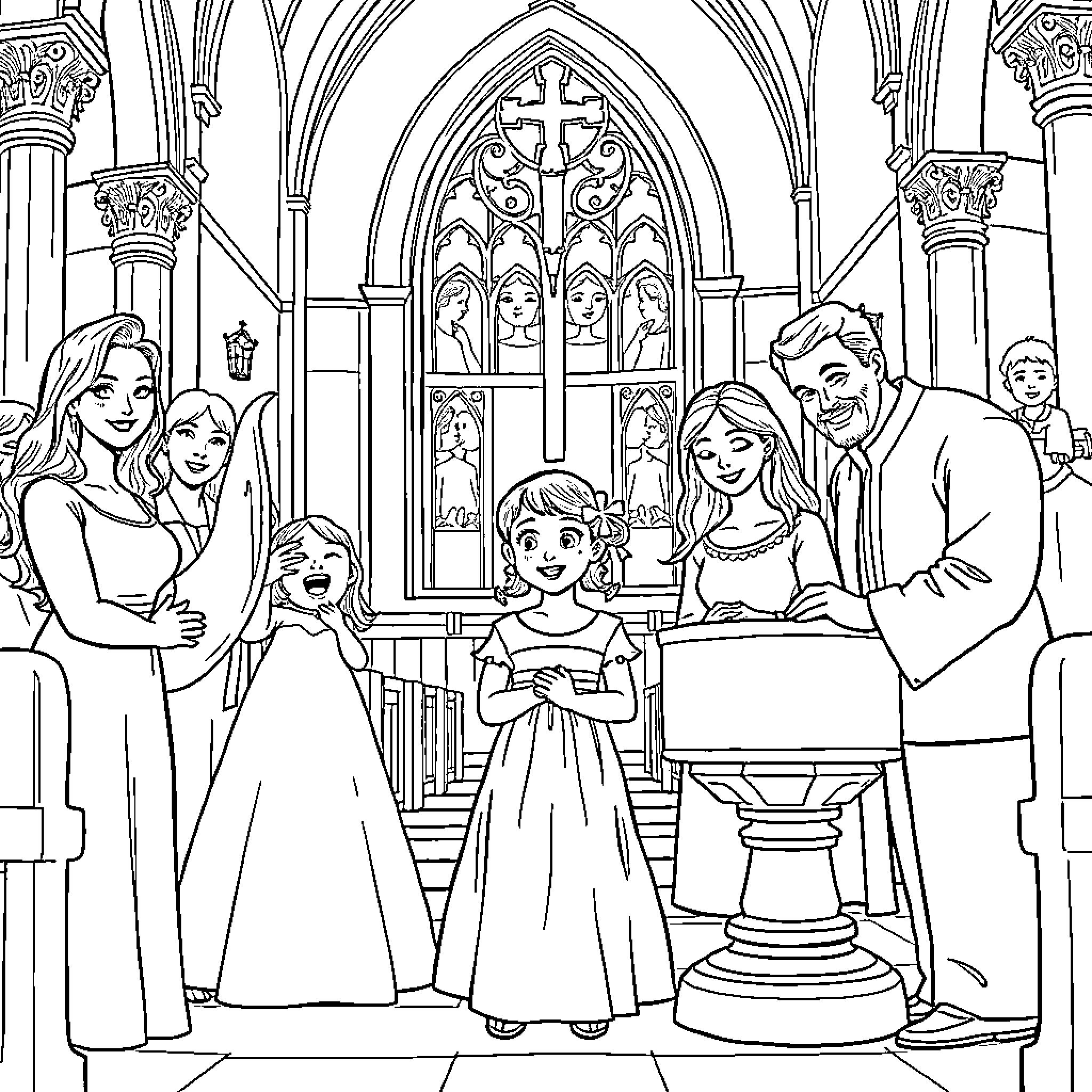 Girl Family Gathered for Church Ceremony Coloring Page (free black-and-white line drawing printable PDF for all, from beginners to advanced learners, including children, teens, adults, and seniors)