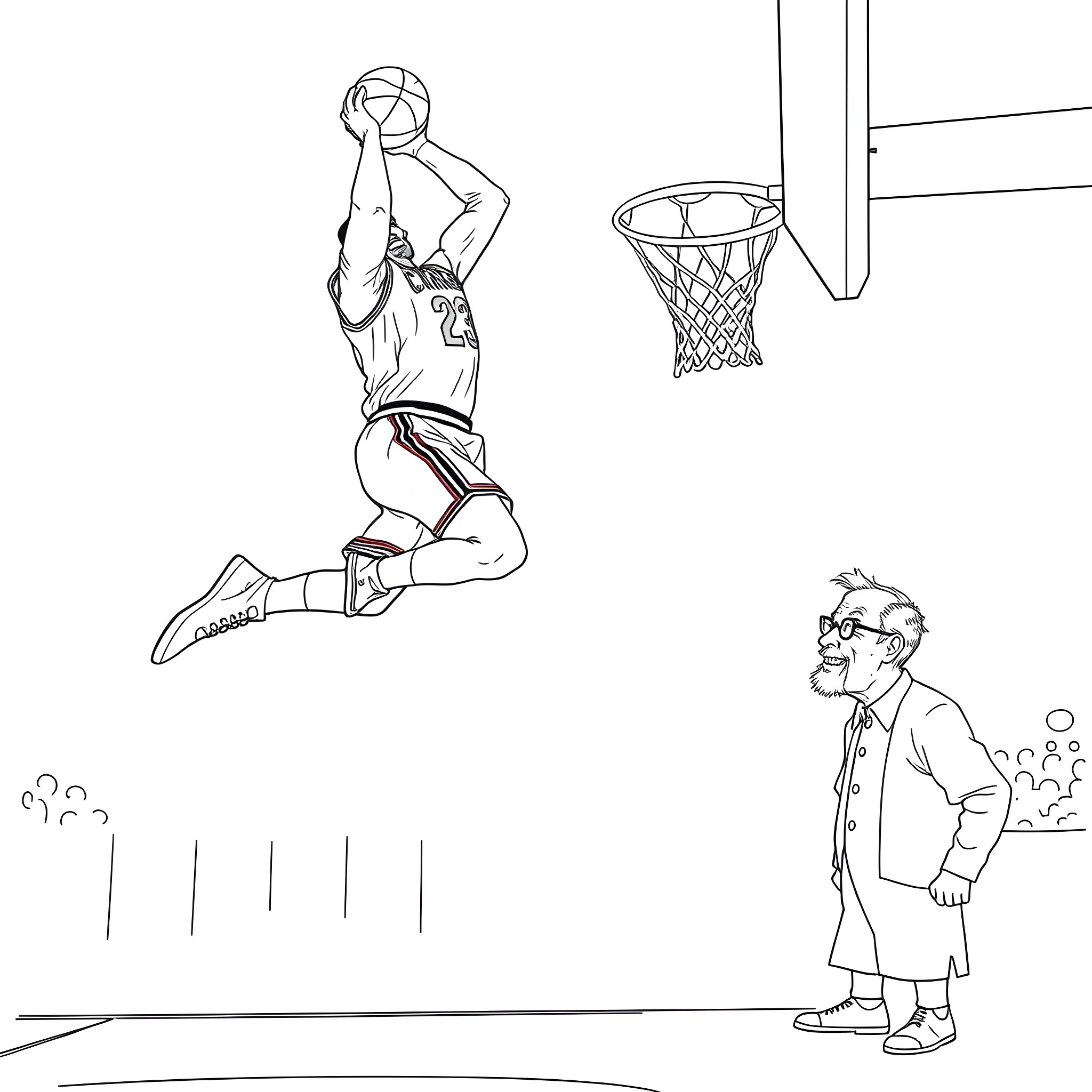 LeBron James dunking the basketball on the court Coloring Page (free black-and-white line drawing printable PDF for all, from beginners to advanced learners, including children, teens, adults, and seniors)