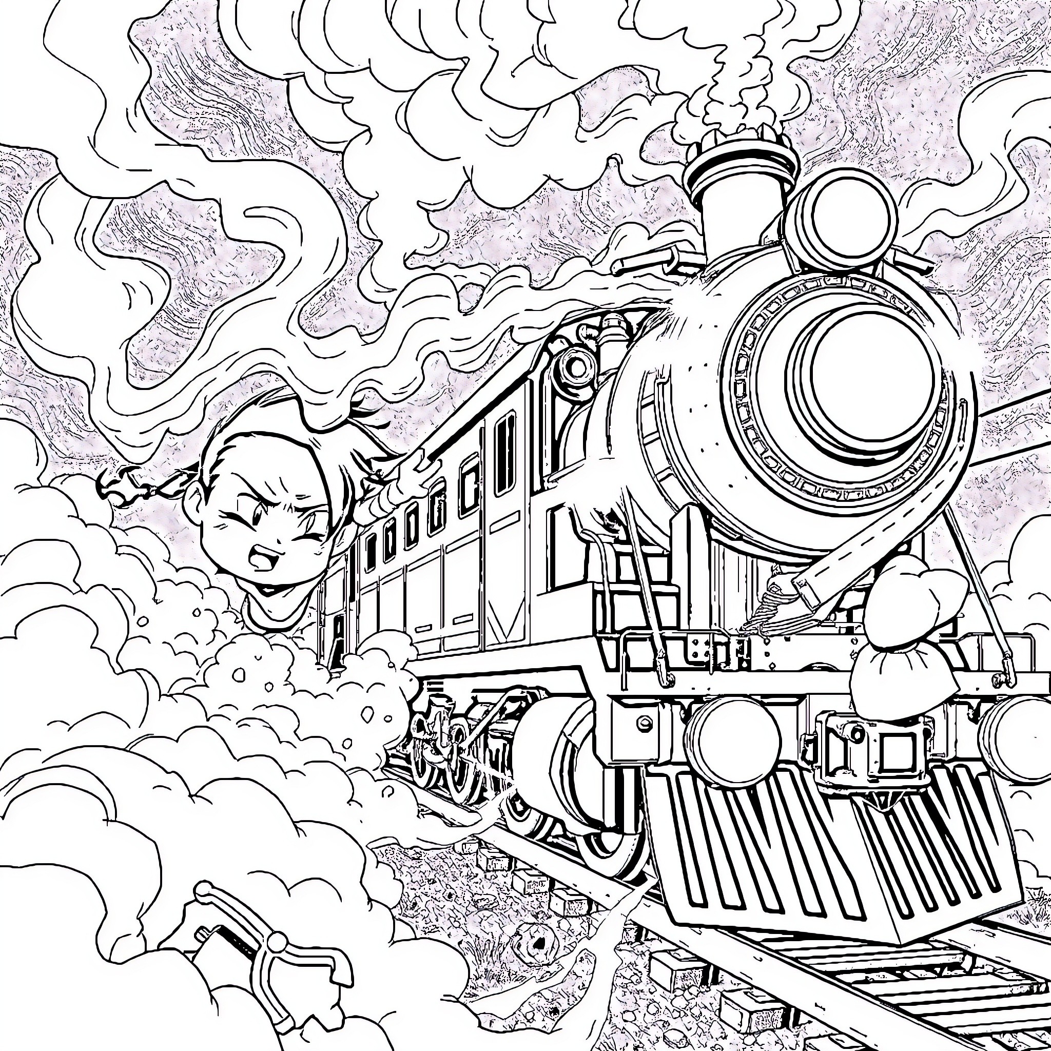 Tanjiro's Steam-Powered Adventure Coloring Page (free black-and-white line drawing printable PDF for all, from beginners to advanced learners, including children, teens, adults, and seniors)