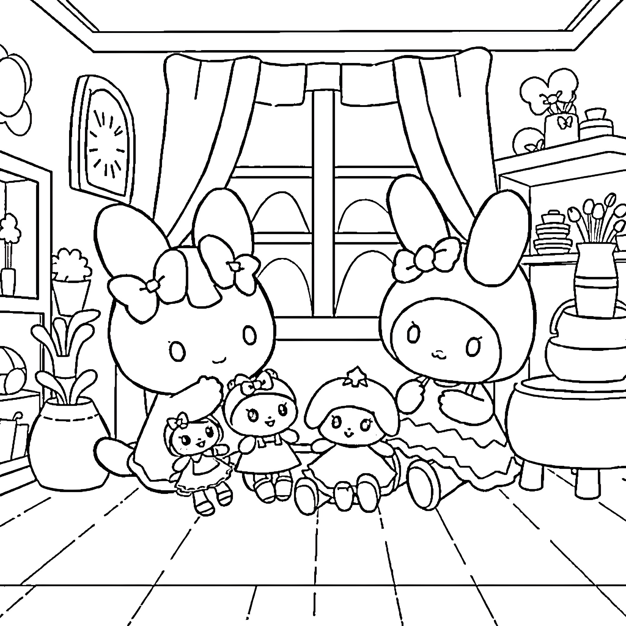 Cinnamoroll and friends in a cozy indoor scene Coloring Page (free black-and-white line drawing printable PDF for all, from beginners to advanced learners, including children, teens, adults, and seniors)
