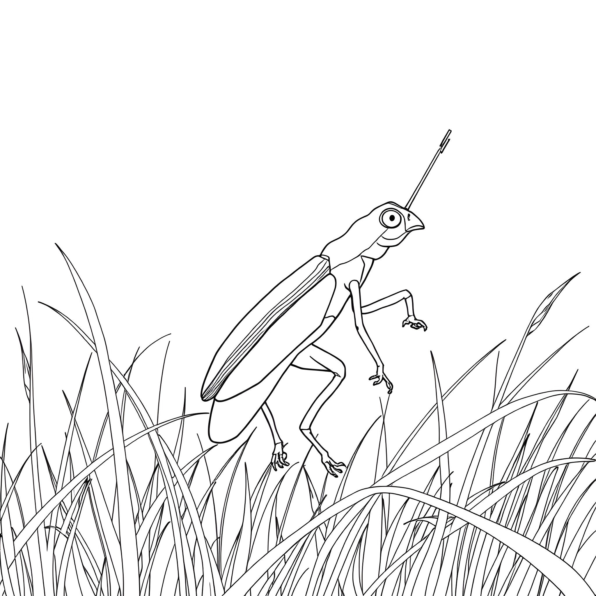 Phyllobates: Praying Mantis in the Tall Grass Coloring Page (free black-and-white line drawing printable PDF for all, from beginners to advanced learners, including children, teens, adults, and seniors)