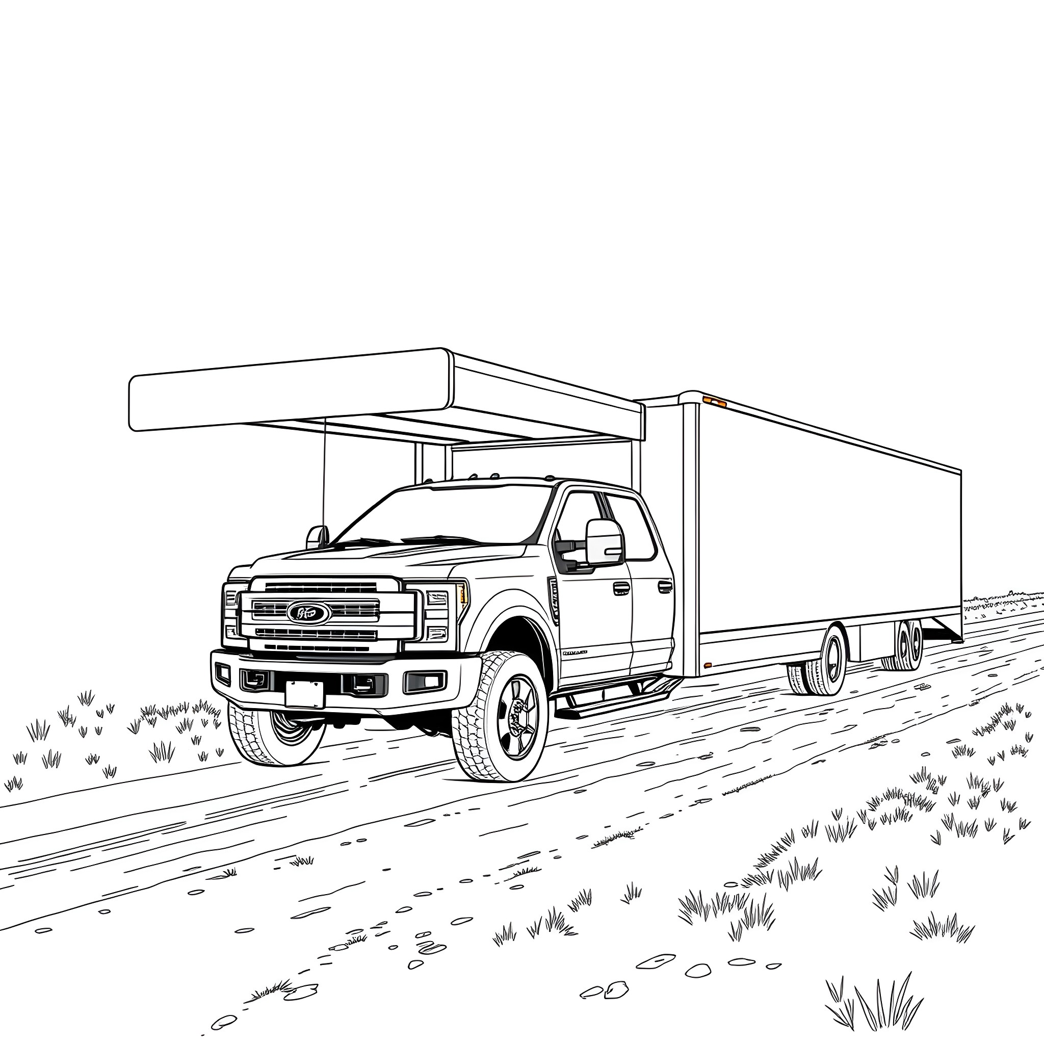 Gooseneck Trailer on the Country Road Coloring Page (free black-and-white line drawing printable PDF for all, from beginners to advanced learners, including children, teens, adults, and seniors)