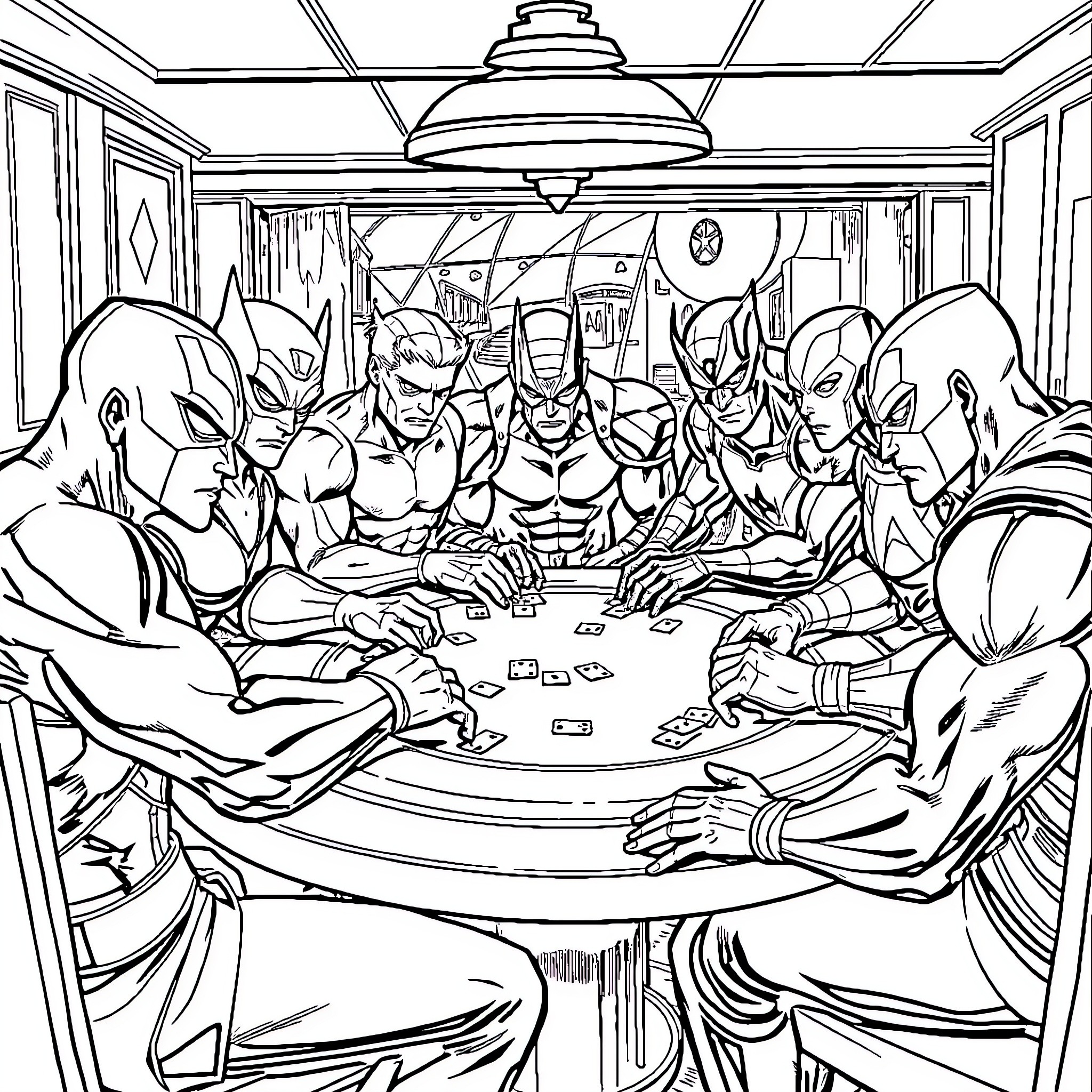 Marvel Superheroes Gathered Around Gaming Table Coloring Page (free black-and-white line drawing printable PDF for all, from beginners to advanced learners, including children, teens, adults, and seniors)
