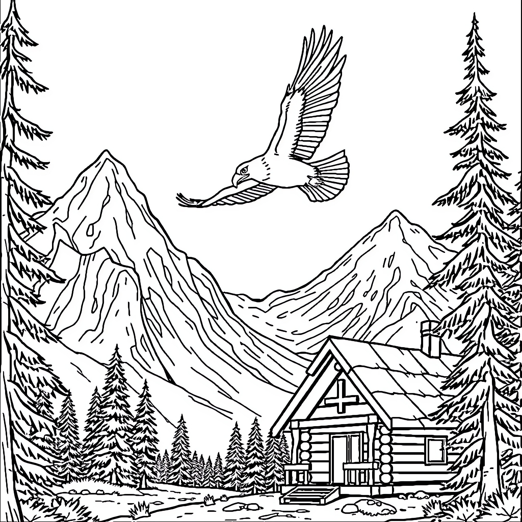 Eagle soaring over a mountain cabin in the wilderness Coloring Page (free black-and-white line drawing printable PDF for all, from beginners to advanced learners, including children, teens, adults, and seniors)