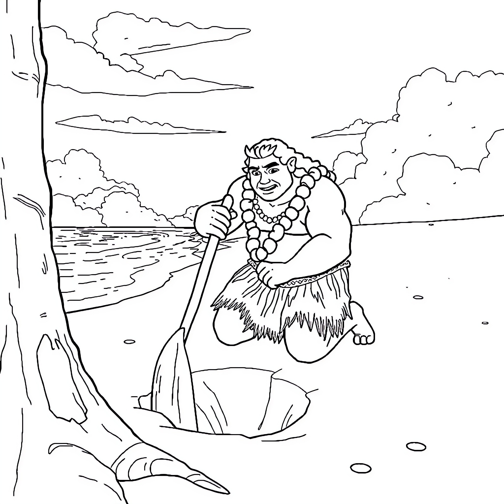 Maui enjoying a peaceful day by the ocean Coloring Page (free black-and-white line drawing printable PDF for all, from beginners to advanced learners, including children, teens, adults, and seniors)