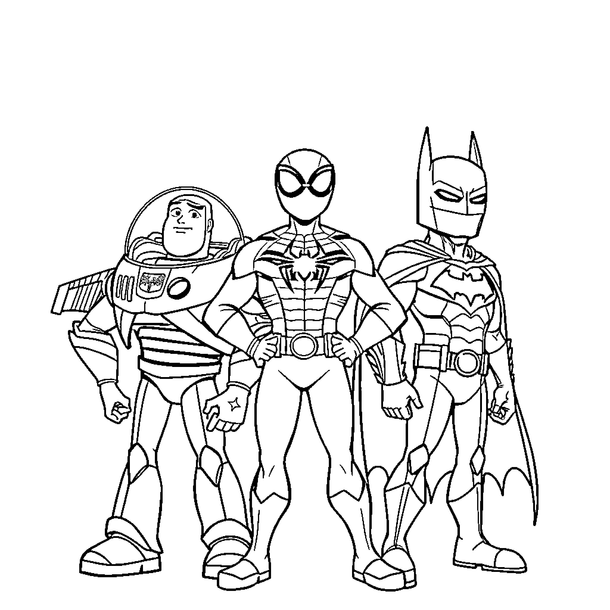 Buzz Superheroes in Action Poses Coloring Page (free black-and-white line drawing printable PDF for all, from beginners to advanced learners, including children, teens, adults, and seniors)