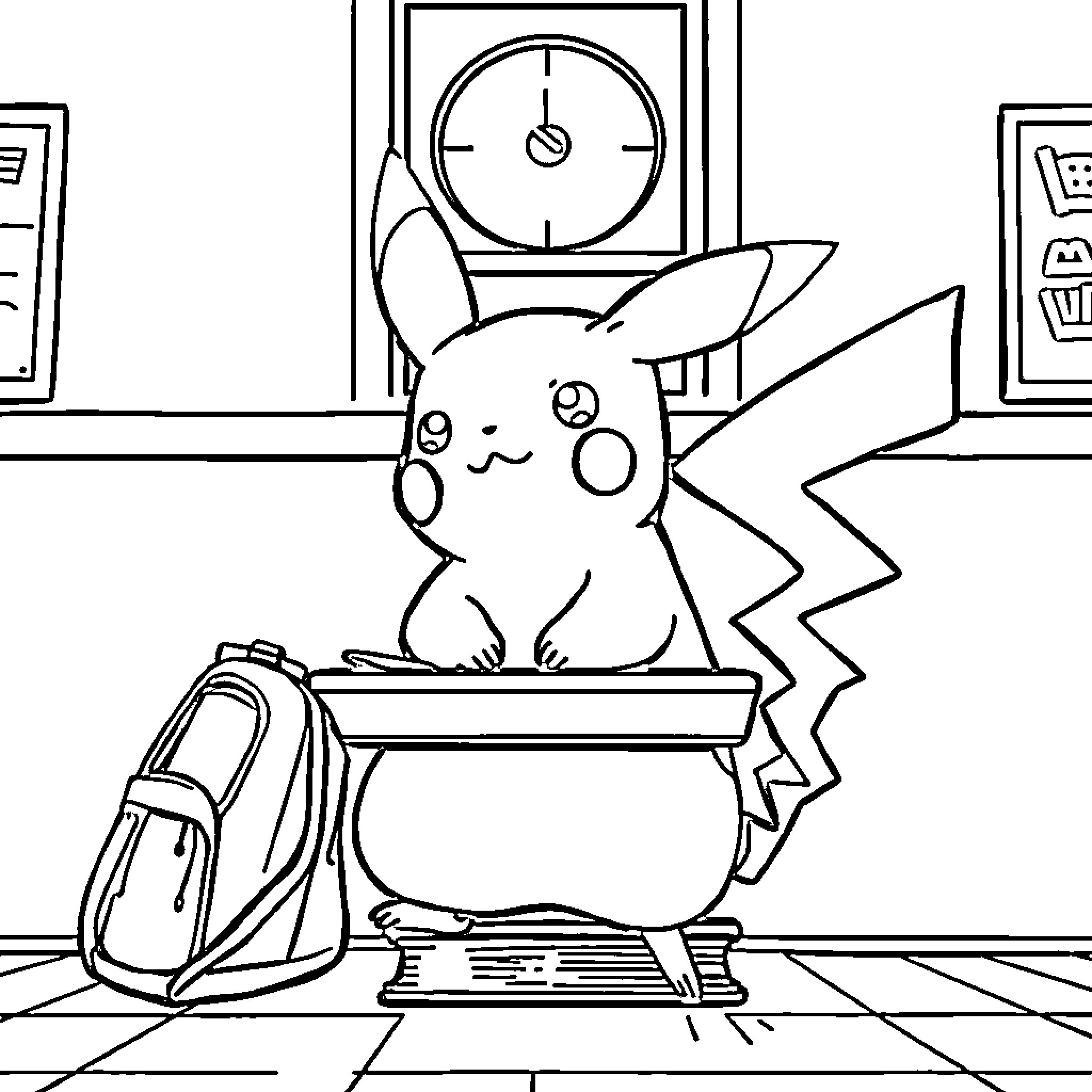 Pikachu enjoying a school break Coloring Page (free black-and-white line drawing printable PDF for all, from beginners to advanced learners, including children, teens, adults, and seniors)