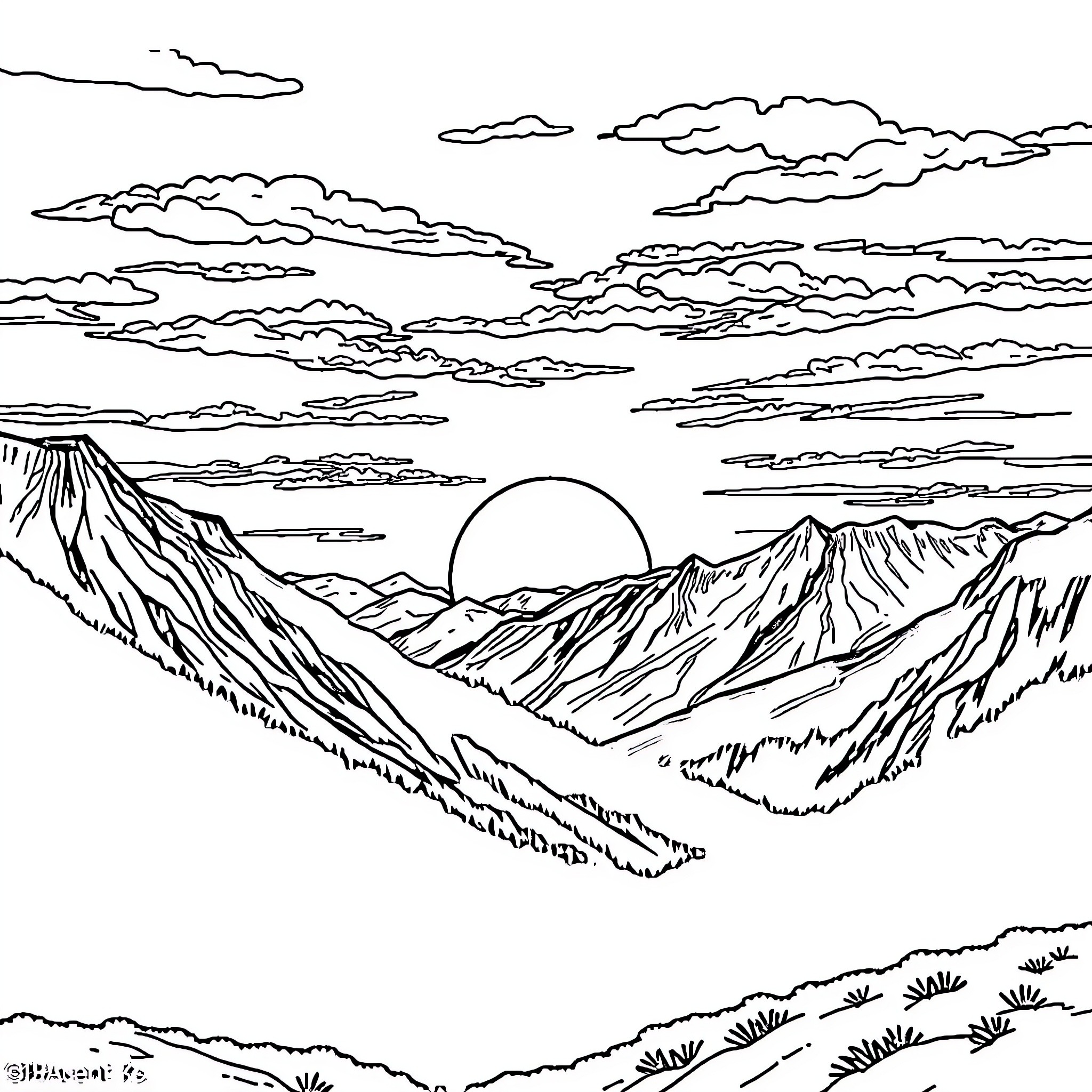 Mountain landscape with dramatic sky Coloring Page (free black-and-white line drawing printable PDF for all, from beginners to advanced learners, including children, teens, adults, and seniors)