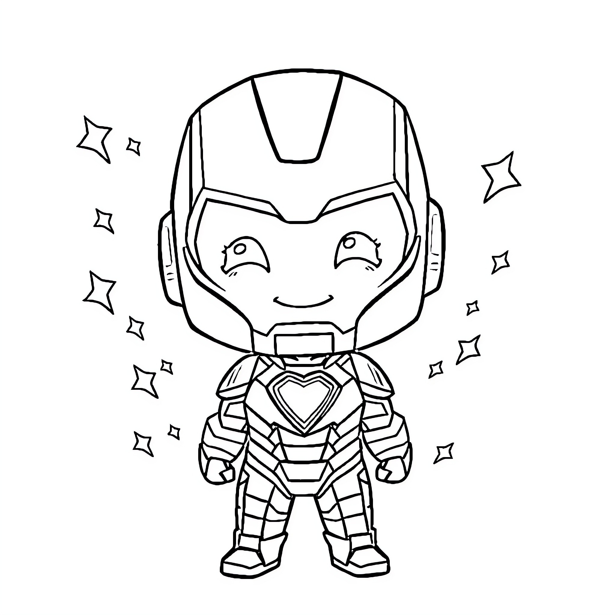 Iron Man Chibi Superhero in Sparkling Armor Coloring Page (free black-and-white line drawing printable PDF for all, from beginners to advanced learners, including children, teens, adults, and seniors)