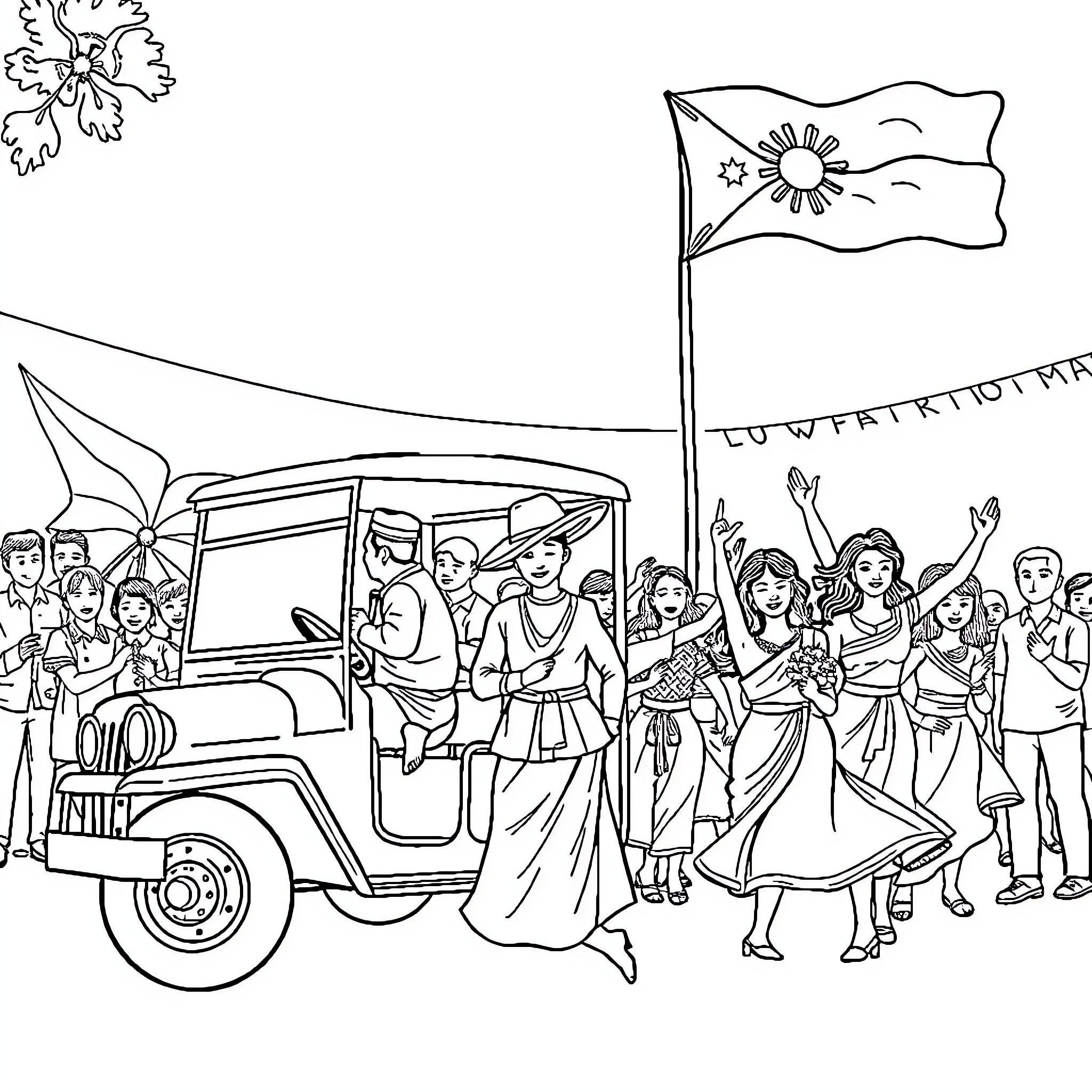 Philippines Independence Day celebration with parade and flag Coloring Page (free black-and-white line drawing printable PDF for all, from beginners to advanced learners, including children, teens, adults, and seniors)