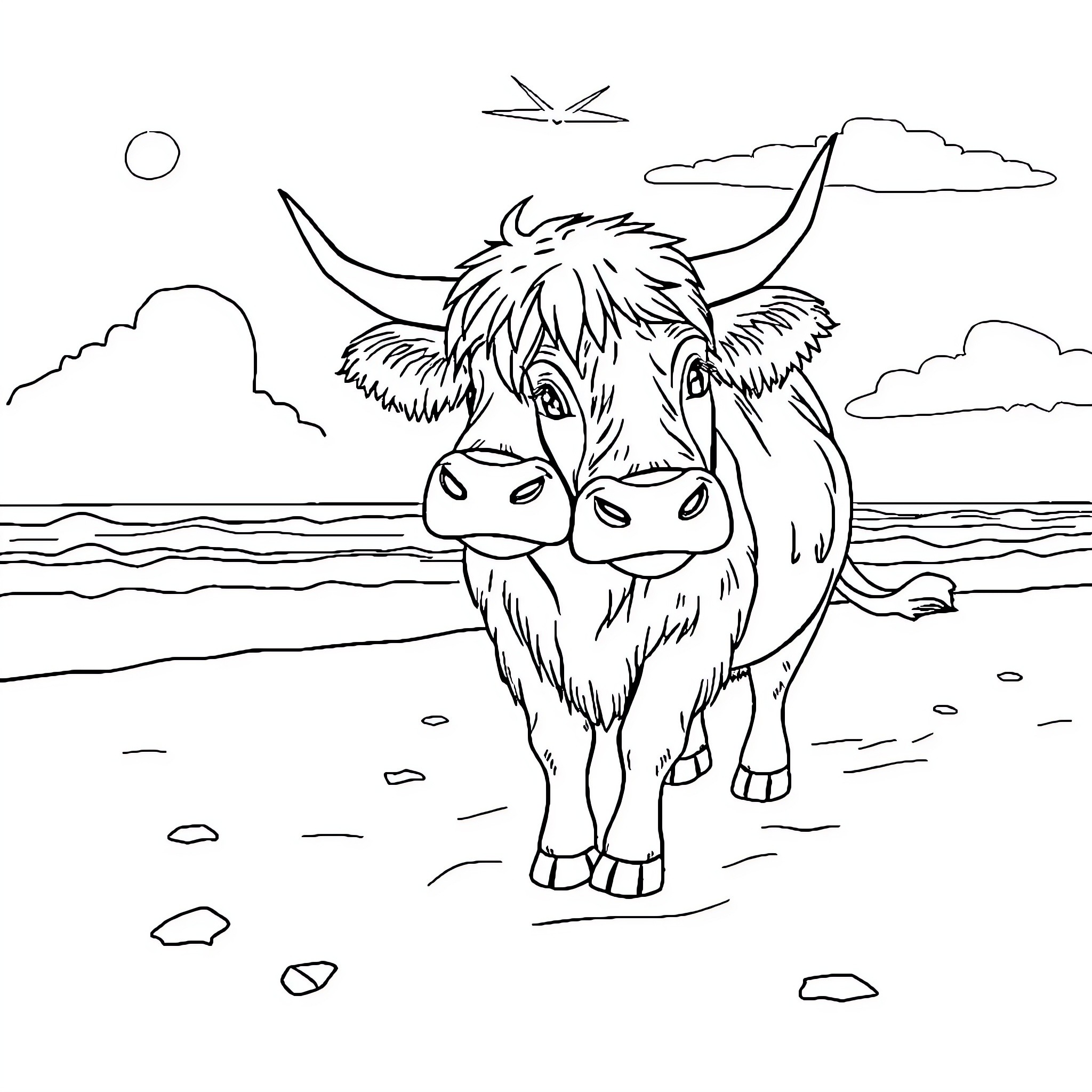 Highland Cow standing on the beach Coloring Page (free black-and-white line drawing printable PDF for all, from beginners to advanced learners, including children, teens, adults, and seniors)