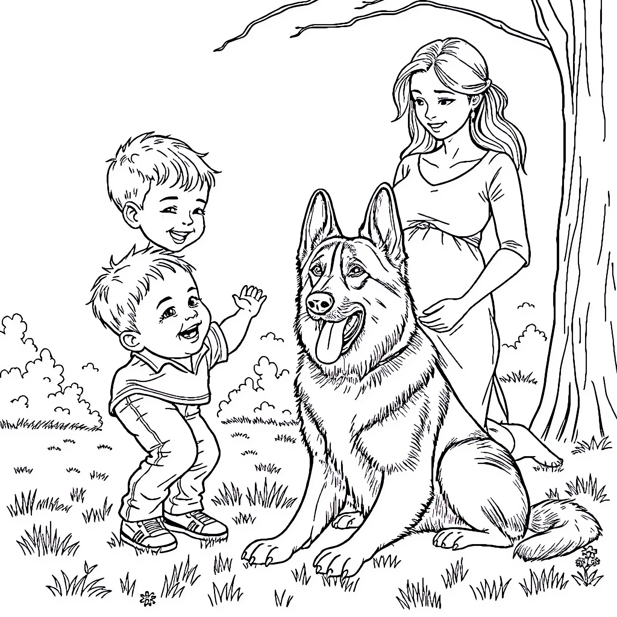 Toddler siblings playing with friendly dog in forest Coloring Page (free black-and-white line drawing printable PDF for all, from beginners to advanced learners, including children, teens, adults, and seniors)