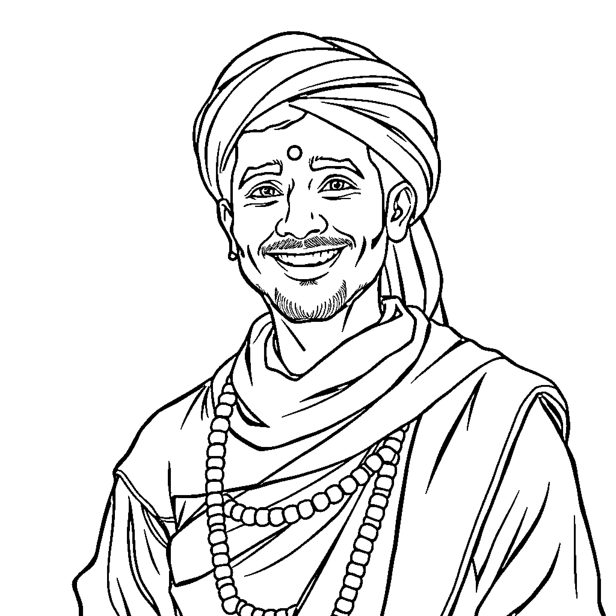 Gurjar Man in Traditional Attire Smiling Coloring Page (free black-and-white line drawing printable PDF for all, from beginners to advanced learners, including children, teens, adults, and seniors)
