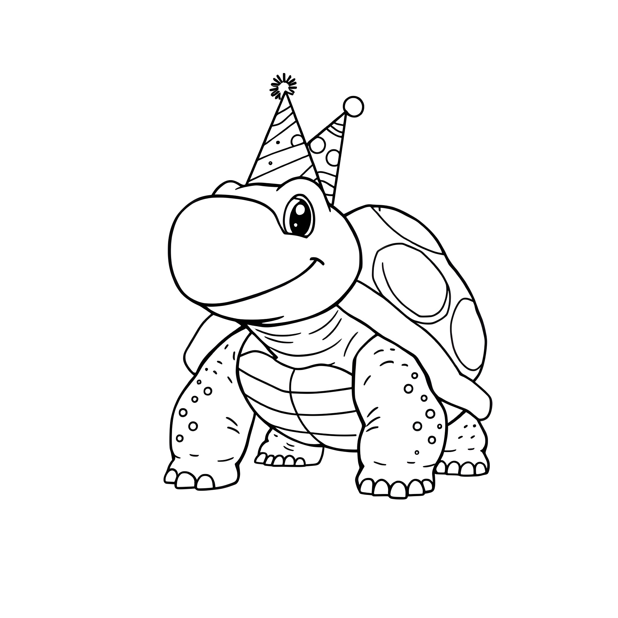 Blastoise in a party hat smiling happily Coloring Page (free black-and-white line drawing printable PDF for all, from beginners to advanced learners, including children, teens, adults, and seniors)