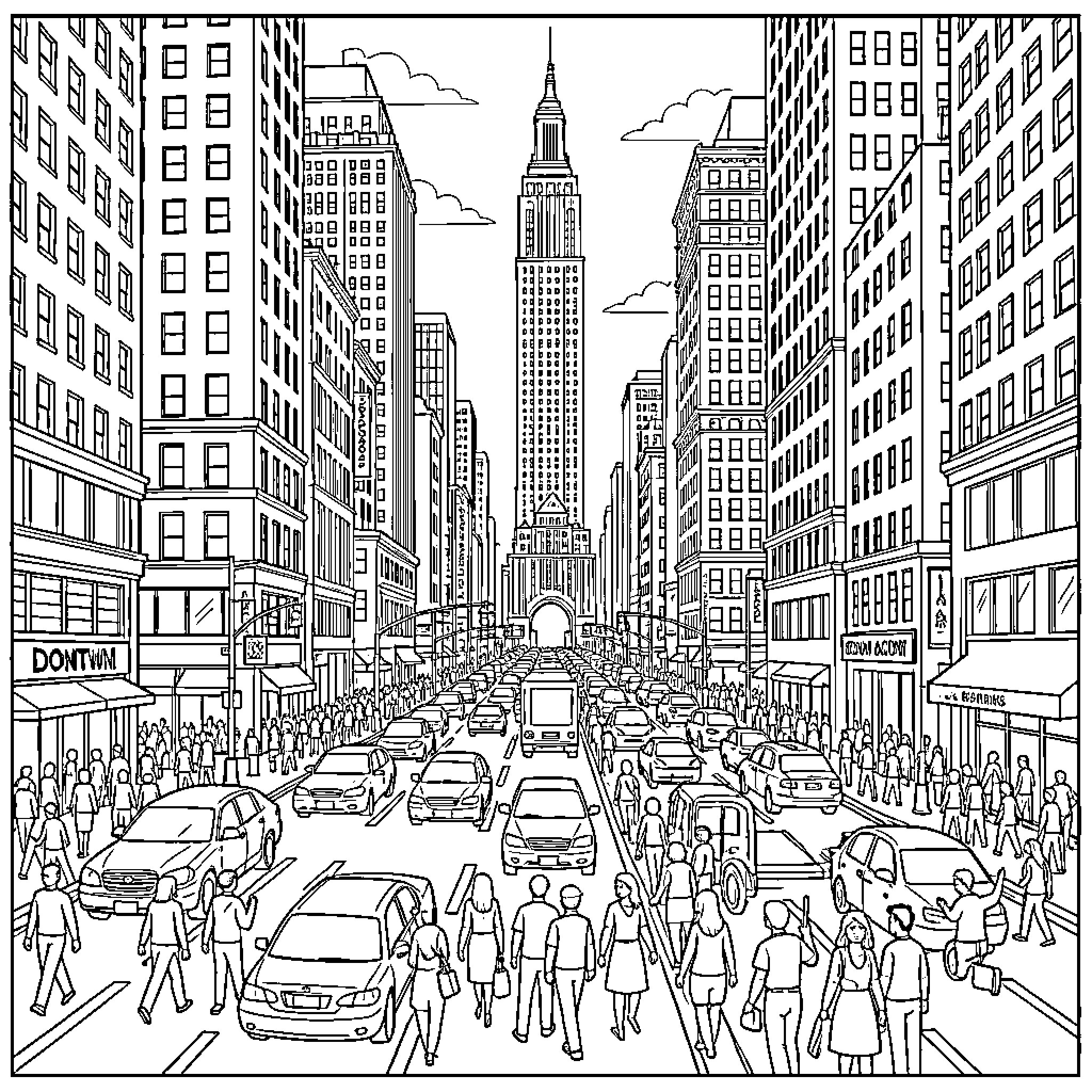 New York City bustling street with pedestrians and traffic Coloring Page (free black-and-white line drawing printable PDF for all, from beginners to advanced learners, including children, teens, adults, and seniors)