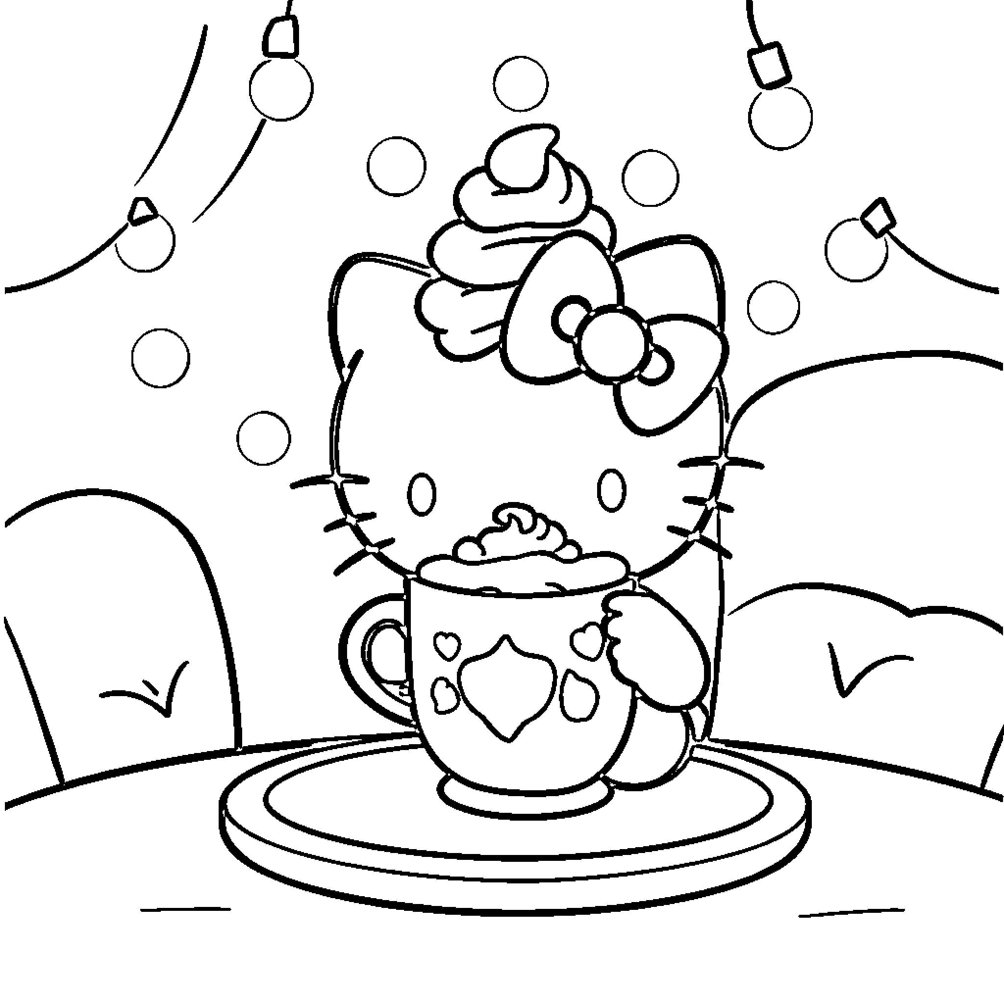 Hello Kitty enjoying a tea party Coloring Page (free black-and-white line drawing printable PDF for all, from beginners to advanced learners, including children, teens, adults, and seniors)