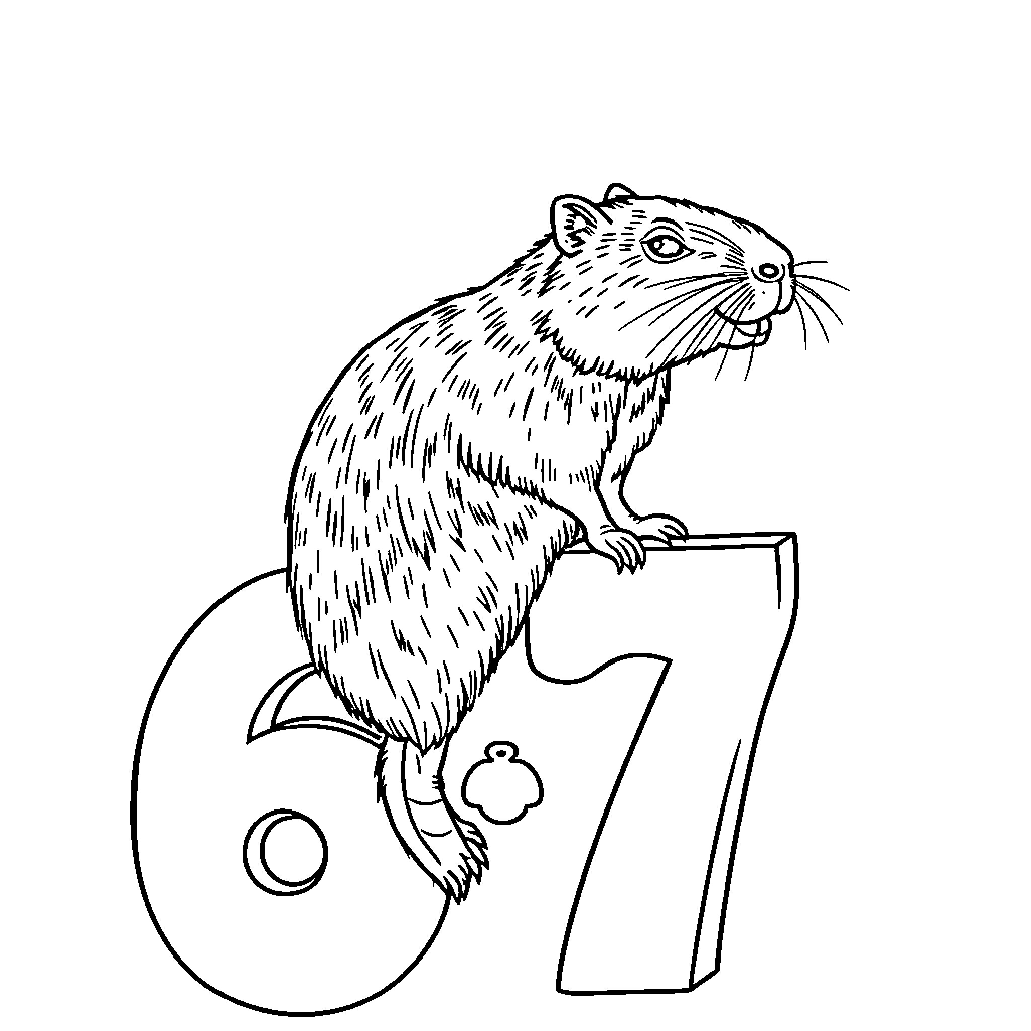 Capybara resting on a number 67 Coloring Page (free black-and-white line drawing printable PDF for all, from beginners to advanced learners, including children, teens, adults, and seniors)