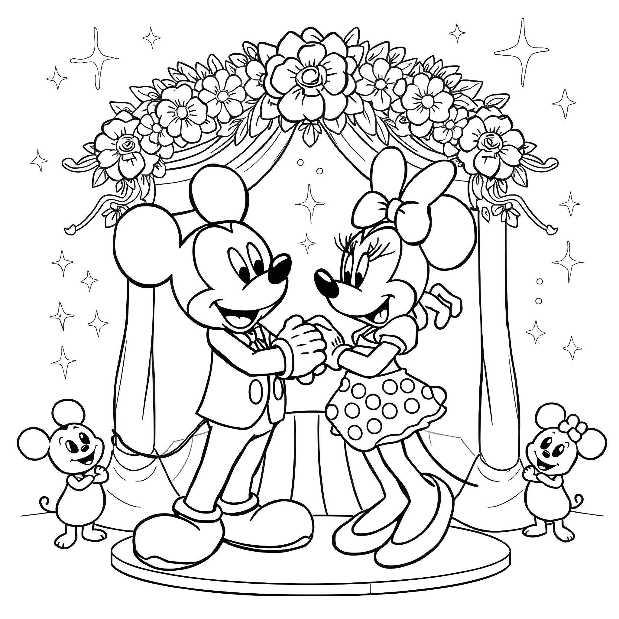 Mickey Mouse and Minnie Mouse at a Floral Wedding Coloring Page (free black-and-white line drawing printable PDF for all, from beginners to advanced learners, including children, teens, adults, and seniors)