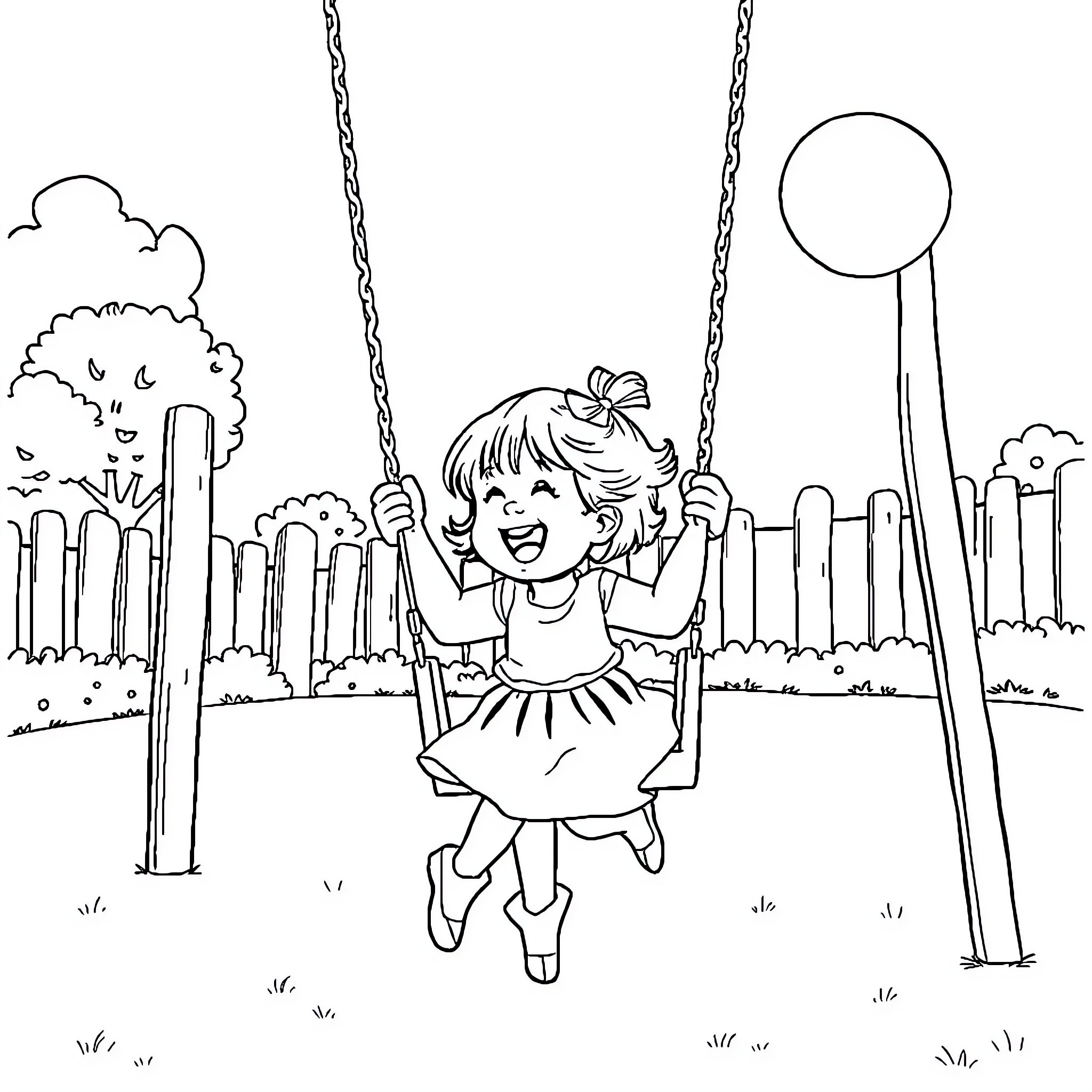 Girl enjoying swing in outdoor playground Coloring Page (free black-and-white line drawing printable PDF for all, from beginners to advanced learners, including children, teens, adults, and seniors)