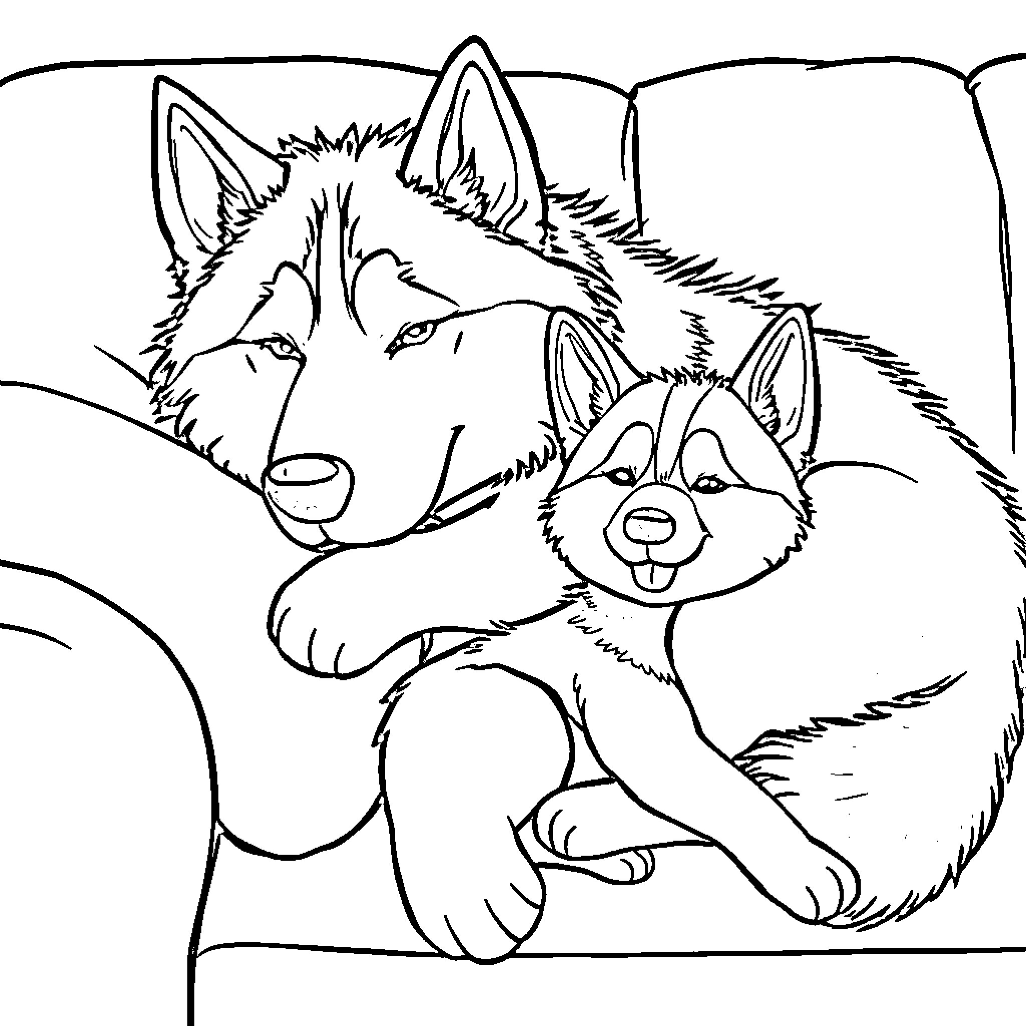 Huskies cuddling in the snow Coloring Page (free black-and-white line drawing printable PDF for all, from beginners to advanced learners, including children, teens, adults, and seniors)