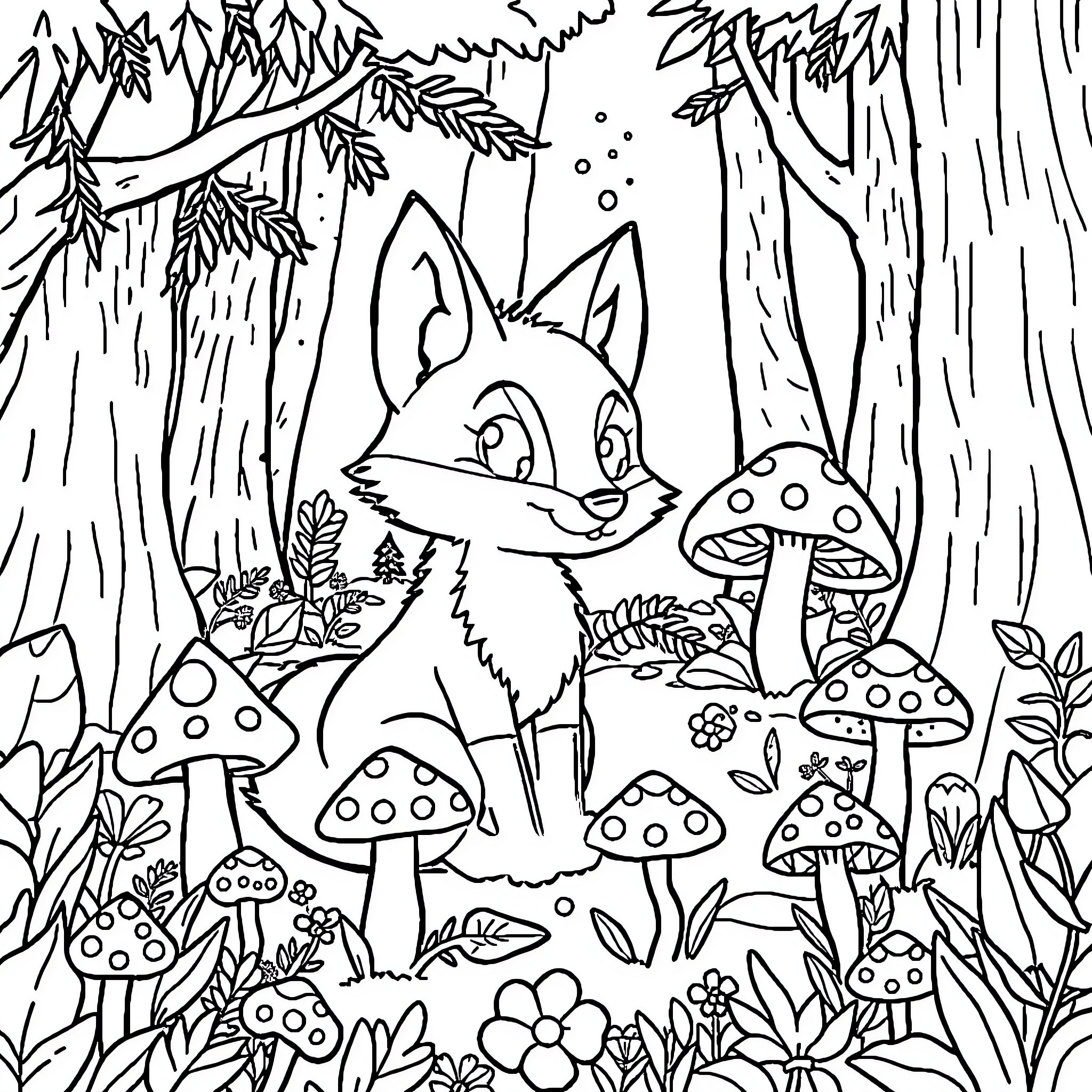 Fox exploring the enchanted forest with mushrooms Coloring Page (free black-and-white line drawing printable PDF for all, from beginners to advanced learners, including children, teens, adults, and seniors)
