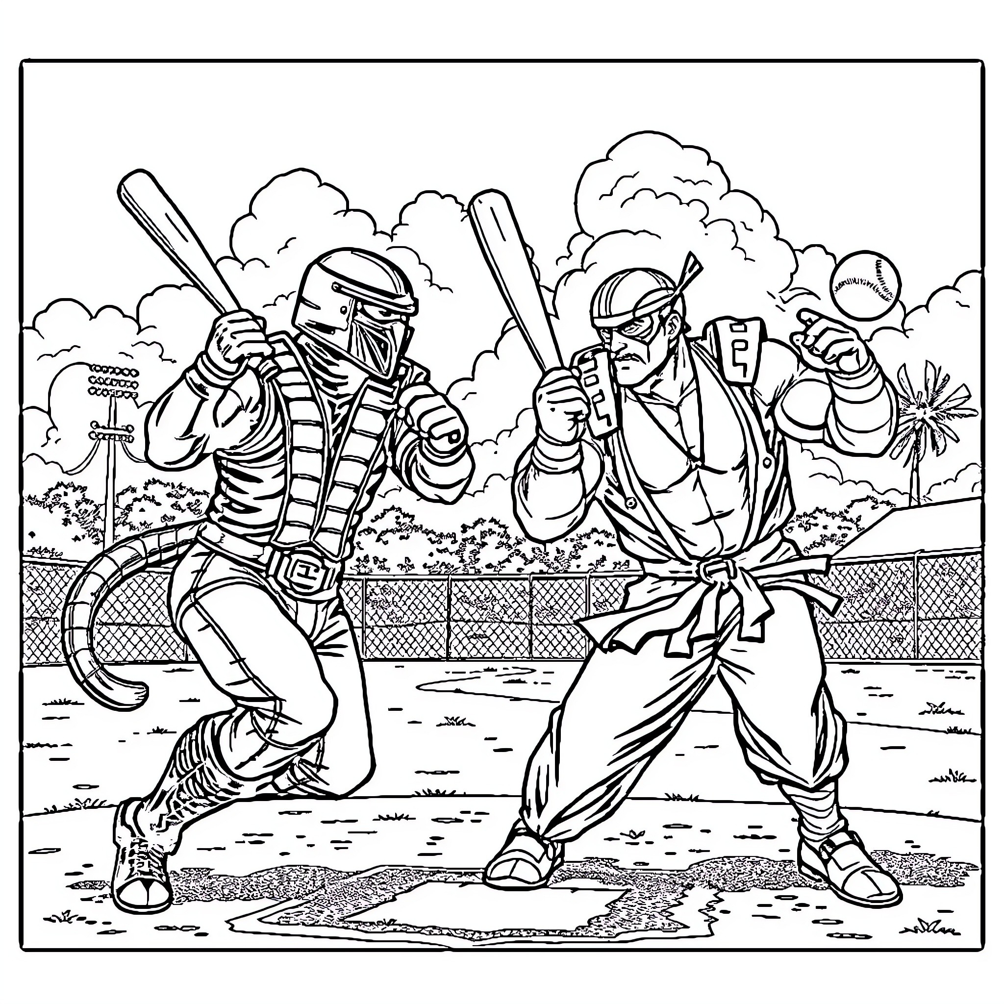 Scorpion warriors in intense baseball match Coloring Page (free black-and-white line drawing printable PDF for all, from beginners to advanced learners, including children, teens, adults, and seniors)