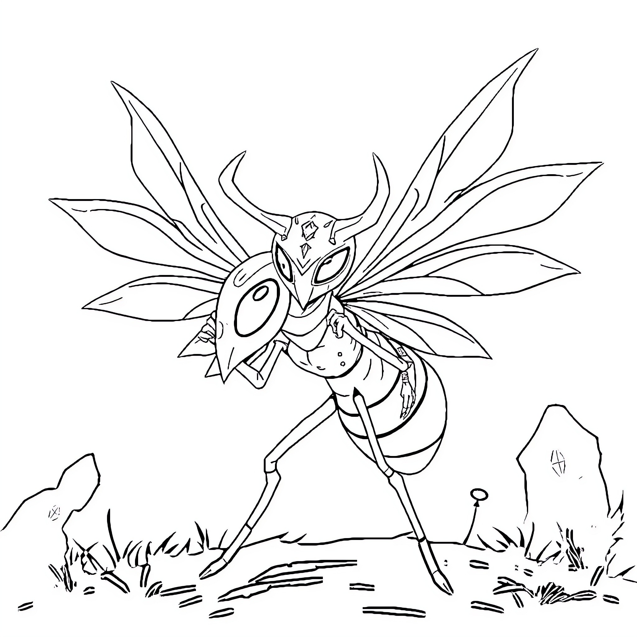 Hornet warrior taking flight in the wild Coloring Page (free black-and-white line drawing printable PDF for all, from beginners to advanced learners, including children, teens, adults, and seniors)