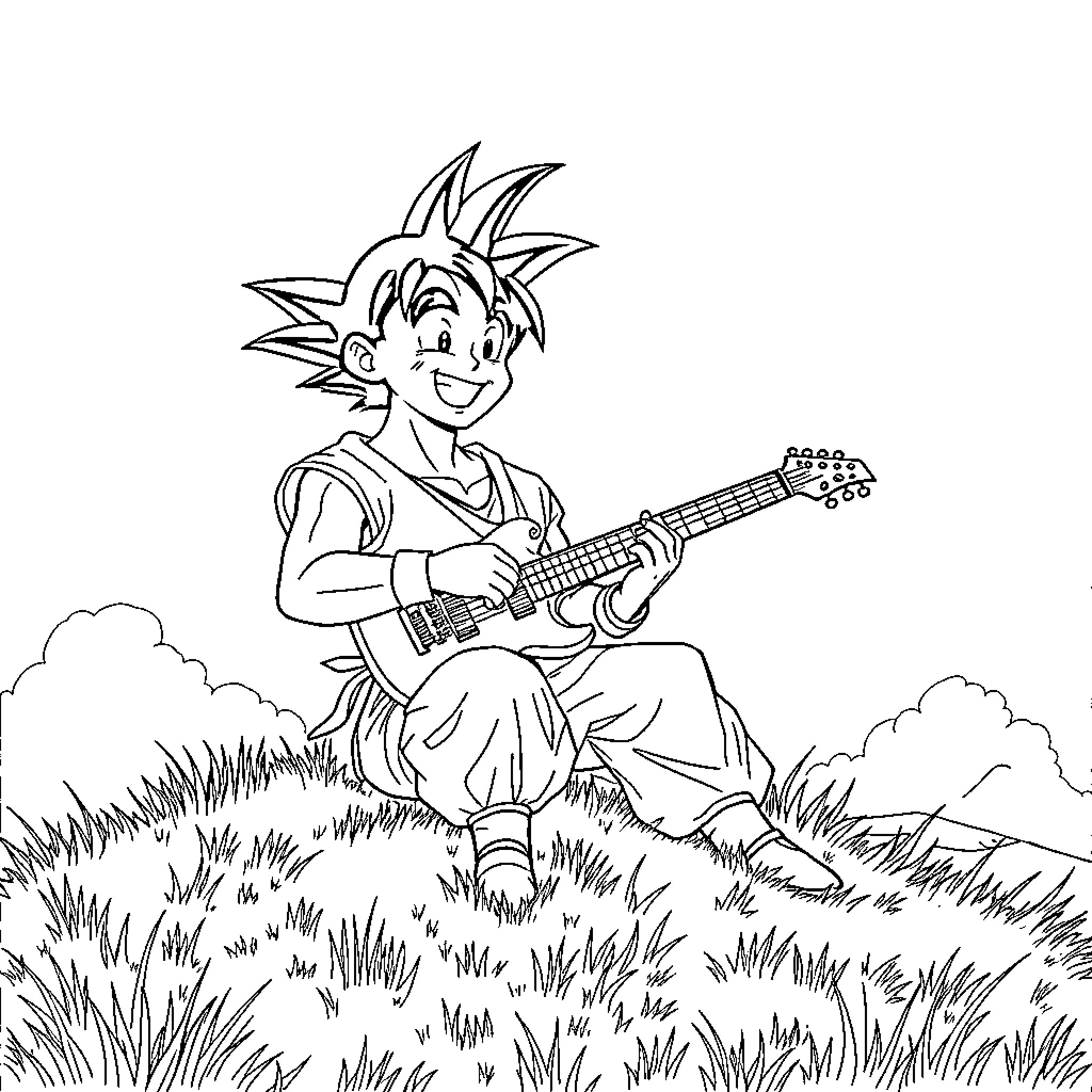 Son Goku playing guitar in the meadow Coloring Page (free black-and-white line drawing printable PDF for all, from beginners to advanced learners, including children, teens, adults, and seniors)