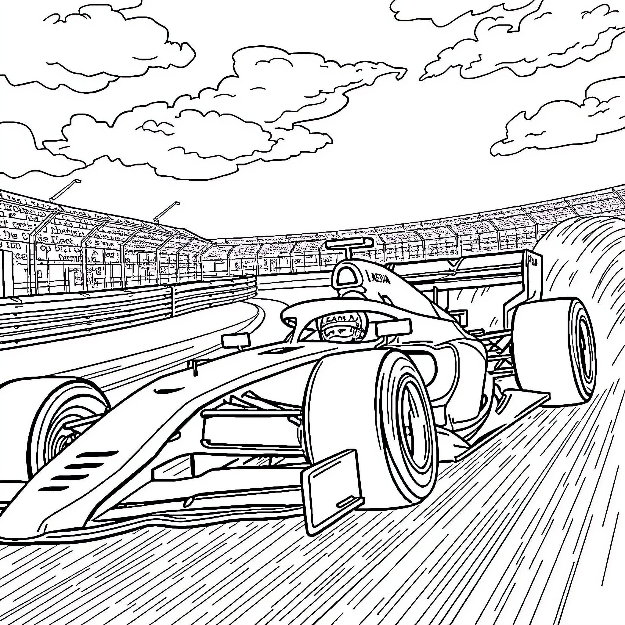 F1 Race Car Speeding on Track Coloring Page (free black-and-white line drawing printable PDF for all, from beginners to advanced learners, including children, teens, adults, and seniors)