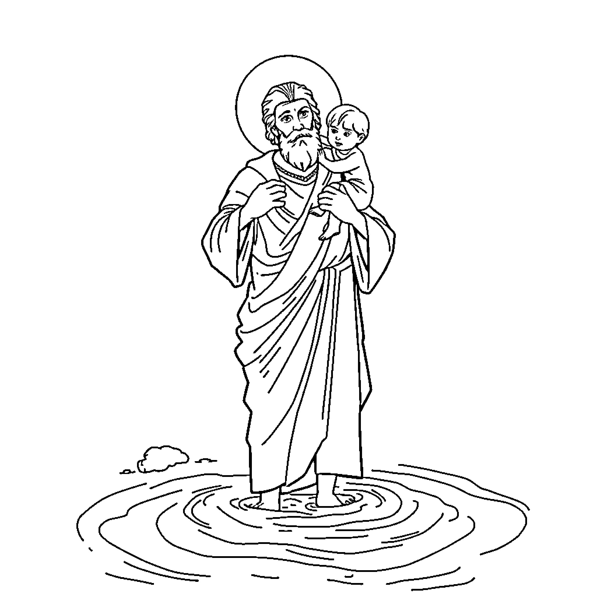 Saint Christopher Holding a Child in a Serene Scene Coloring Page (free black-and-white line drawing printable PDF for all, from beginners to advanced learners, including children, teens, adults, and seniors)