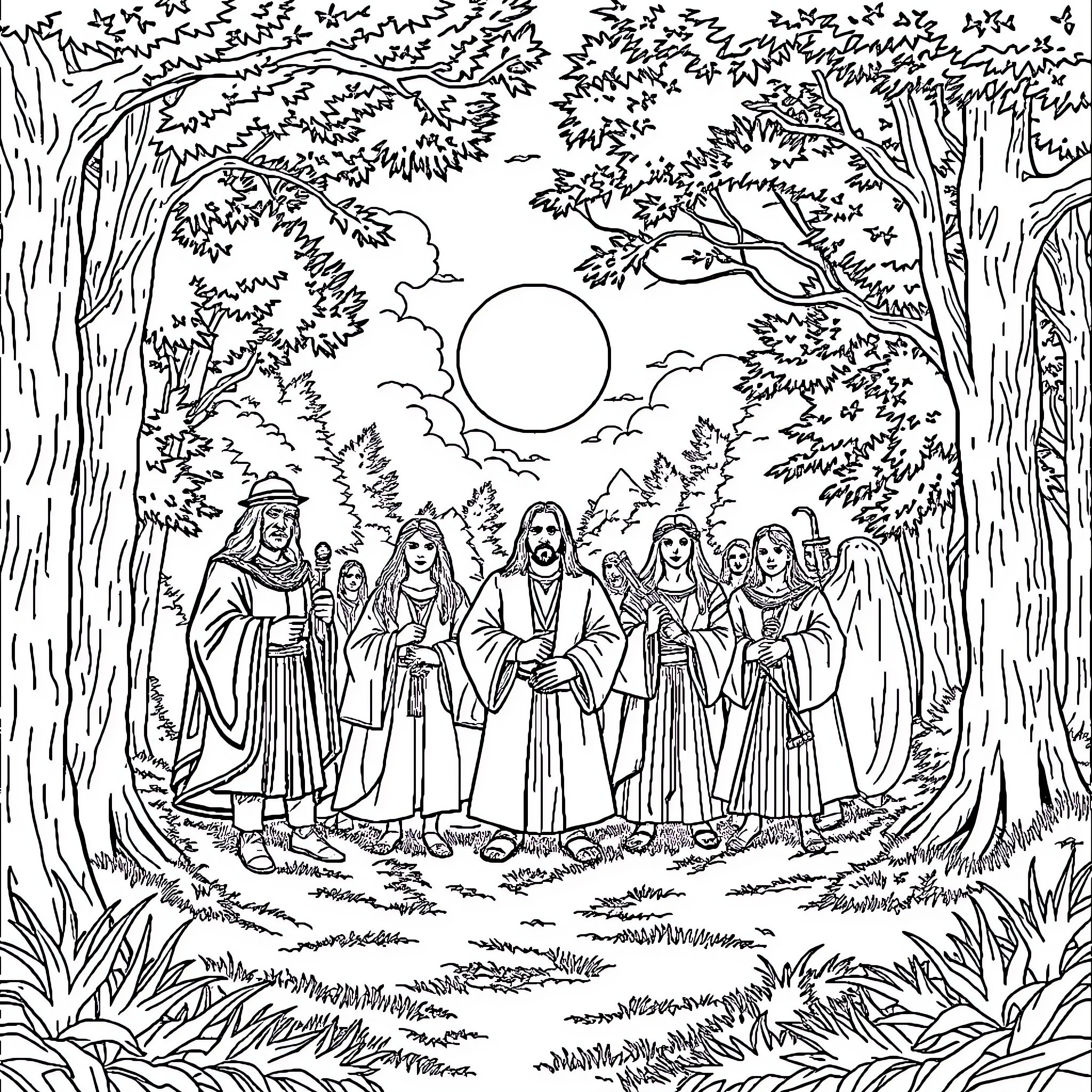 Fellowship of Travelers in the Enchanted Forest Coloring Page (free black-and-white line drawing printable PDF for all, from beginners to advanced learners, including children, teens, adults, and seniors)
