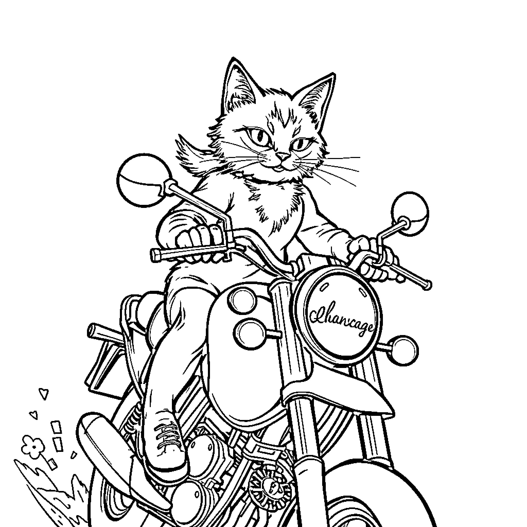 Cat riding motorcycle with attitude Coloring Page (free black-and-white line drawing printable PDF for all, from beginners to advanced learners, including children, teens, adults, and seniors)