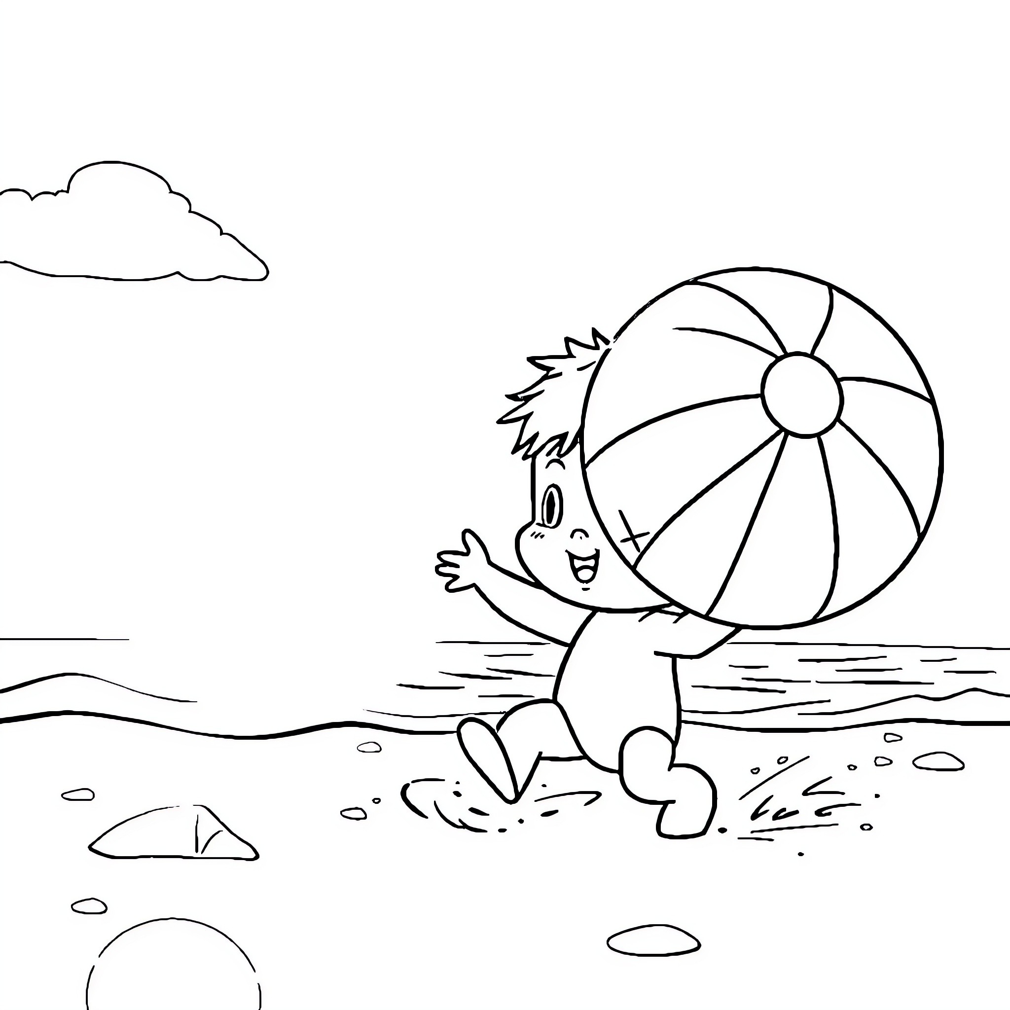 Pocoyo playing joyfully with beach ball at the beach Coloring Page (free black-and-white line drawing printable PDF for all, from beginners to advanced learners, including children, teens, adults, and seniors)