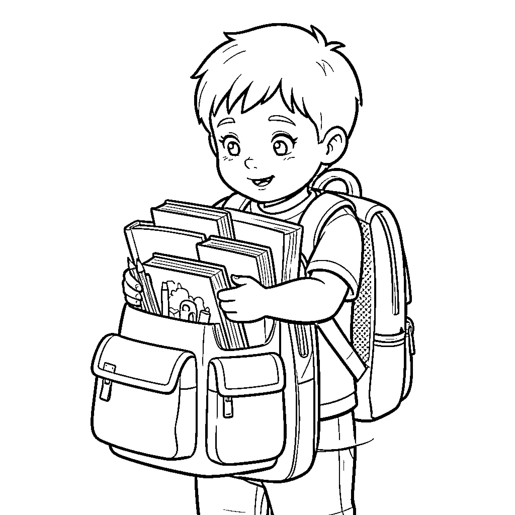Child with backpack carrying school supplies Coloring Page (free black-and-white line drawing printable PDF for all, from beginners to advanced learners, including children, teens, adults, and seniors)
