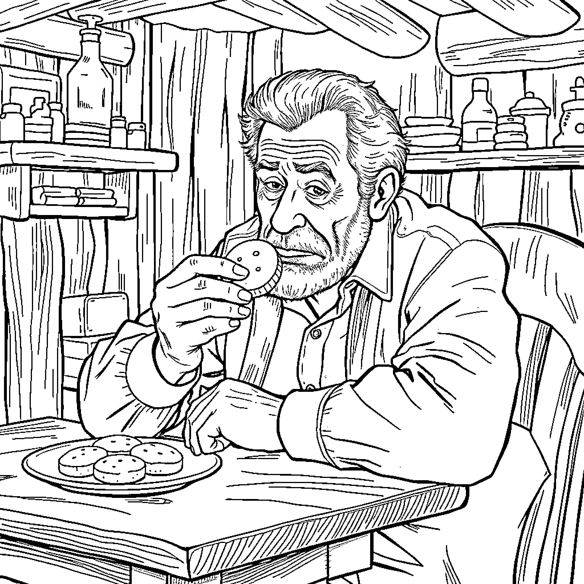 Monsieur Enjoying His Cookies in the Cozy Workshop Coloring Page (free black-and-white line drawing printable PDF for all, from beginners to advanced learners, including children, teens, adults, and seniors)